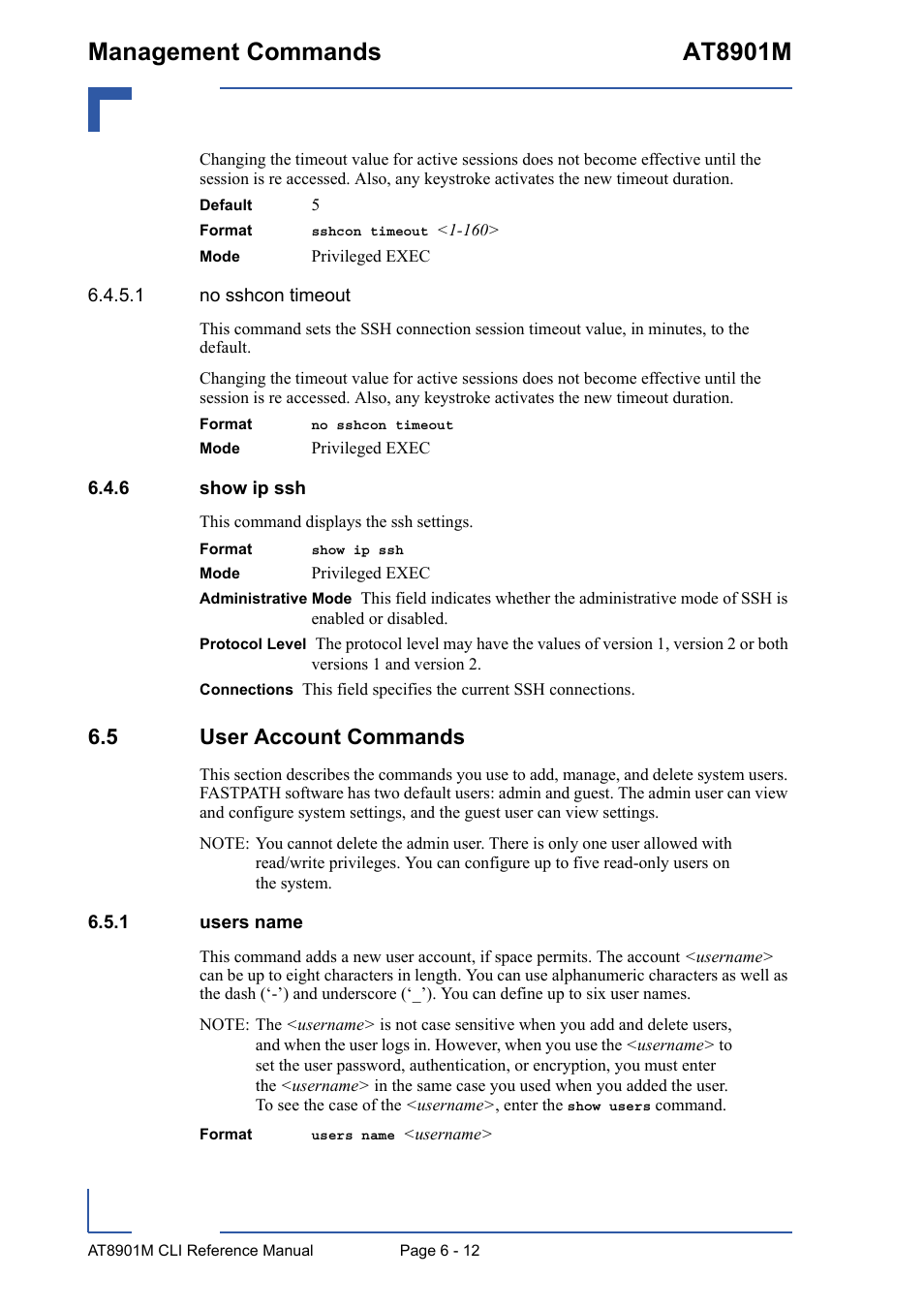 6 show ip ssh, 5 user account commands, 1 users name | Show ip ssh - 12, 5 user account commands - 12, Users name - 12, Management commands at8901m | Kontron AT8901M CLI User Manual | Page 264 / 313