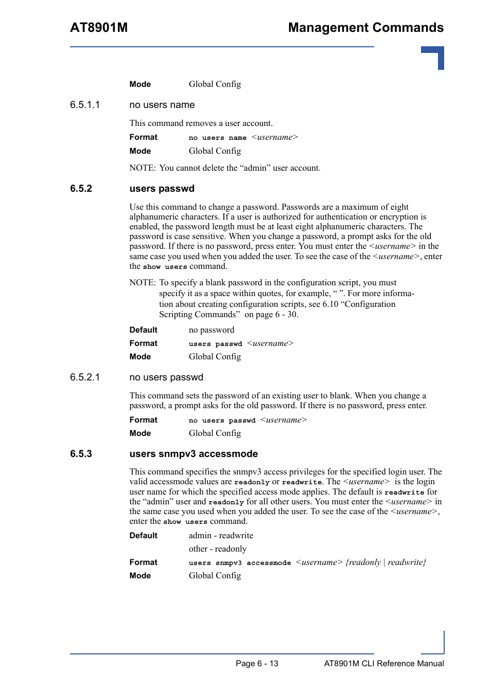 2 users passwd, 3 users snmpv3 accessmode, Users passwd - 13 | Users snmpv3 accessmode - 13, At8901m management commands | Kontron AT8901M CLI User Manual | Page 265 / 313