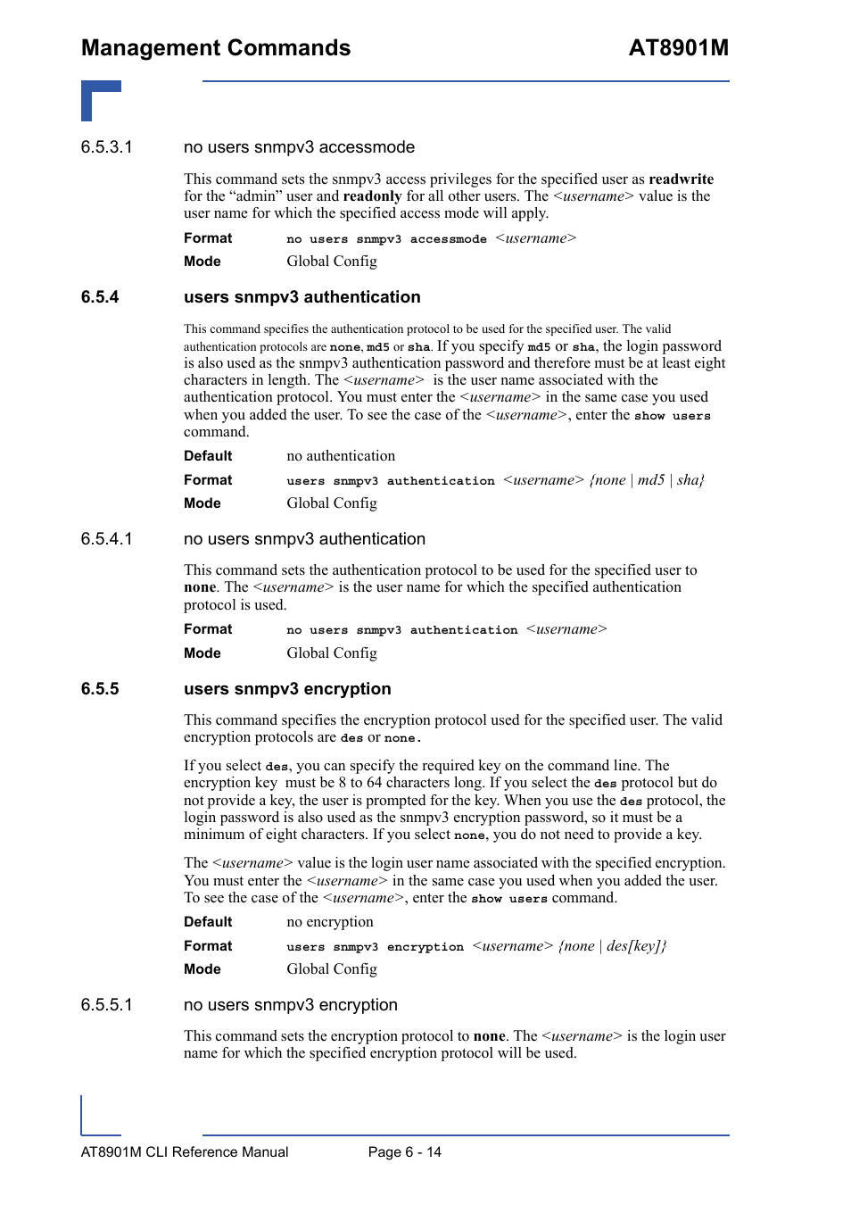 4 users snmpv3 authentication, 5 users snmpv3 encryption, Users snmpv3 authentication - 14 | Users snmpv3 encryption - 14, Management commands at8901m | Kontron AT8901M CLI User Manual | Page 266 / 313