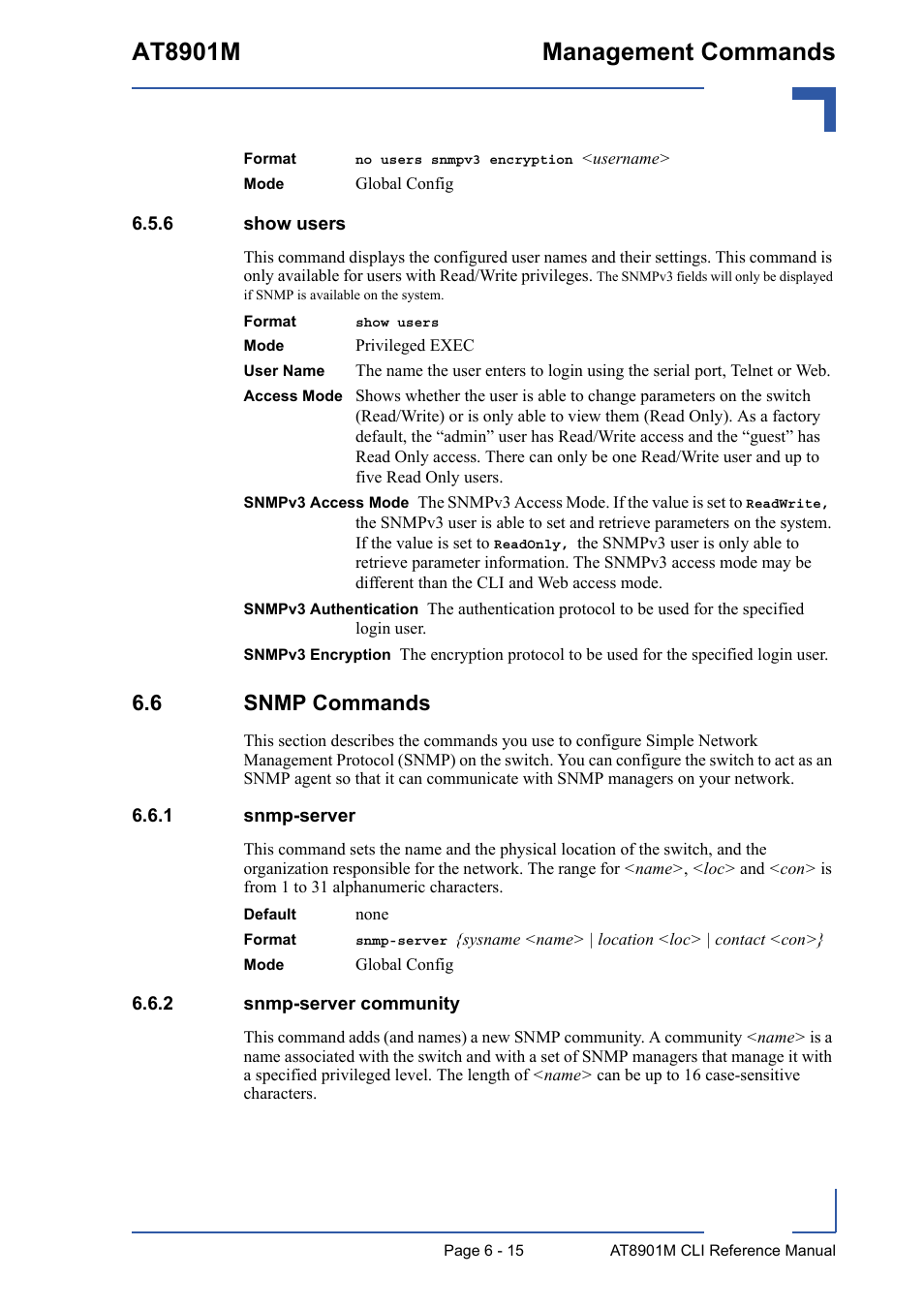 6 show users, 6 snmp commands, 1 snmp-server | 2 snmp-server community, Show users - 15, 6 snmp commands - 15, Snmp-server - 15, Snmp-server community - 15, See 6.6.1 “snmp, At8901m management commands | Kontron AT8901M CLI User Manual | Page 267 / 313