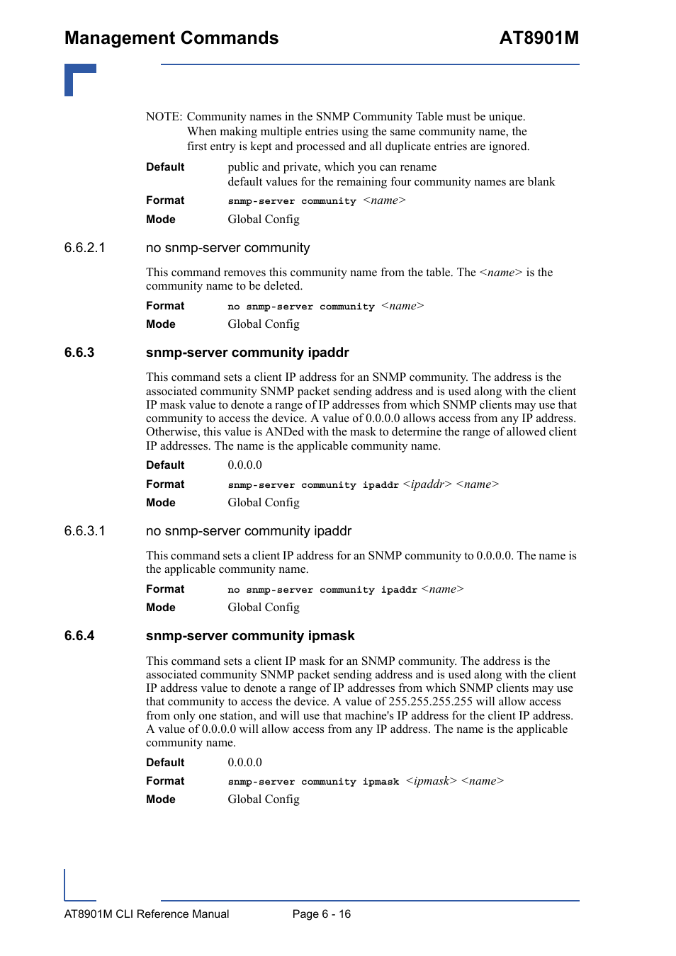 3 snmp-server community ipaddr, 4 snmp-server community ipmask, Snmp-server community ipaddr - 16 | Snmp-server community ipmask - 16, Management commands at8901m | Kontron AT8901M CLI User Manual | Page 268 / 313