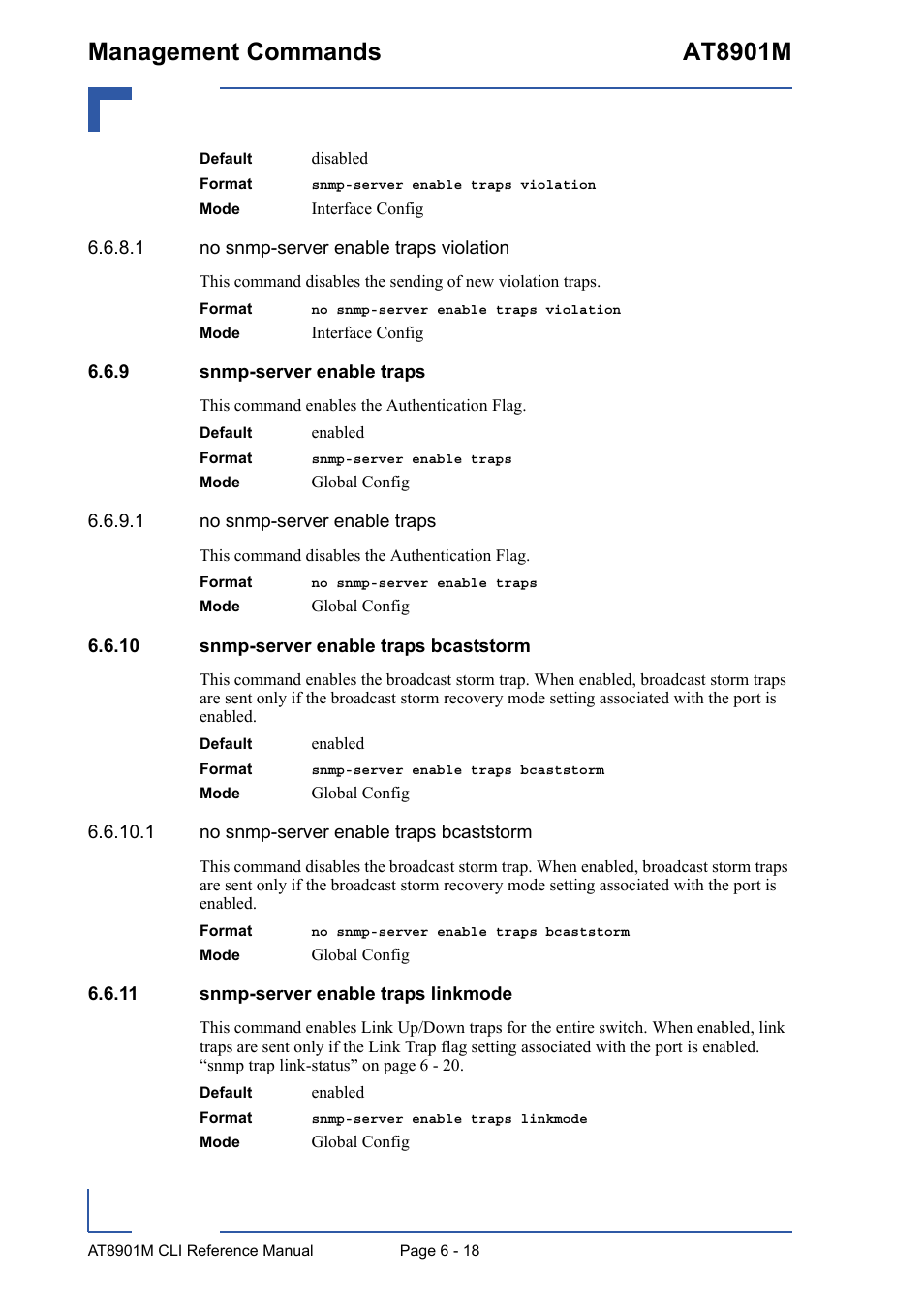 9 snmp-server enable traps, 10 snmp-server enable traps bcaststorm, 11 snmp-server enable traps linkmode | Snmp-server enable traps - 18, Management commands at8901m | Kontron AT8901M CLI User Manual | Page 270 / 313