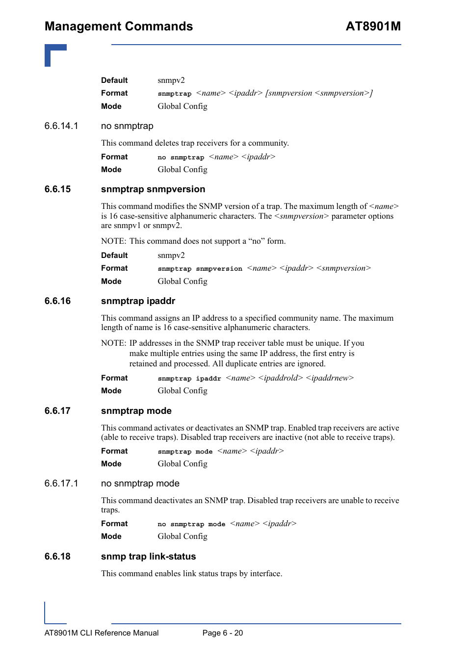 15 snmptrap snmpversion, 16 snmptrap ipaddr, 17 snmptrap mode | 18 snmp trap link-status, Management commands at8901m | Kontron AT8901M CLI User Manual | Page 272 / 313