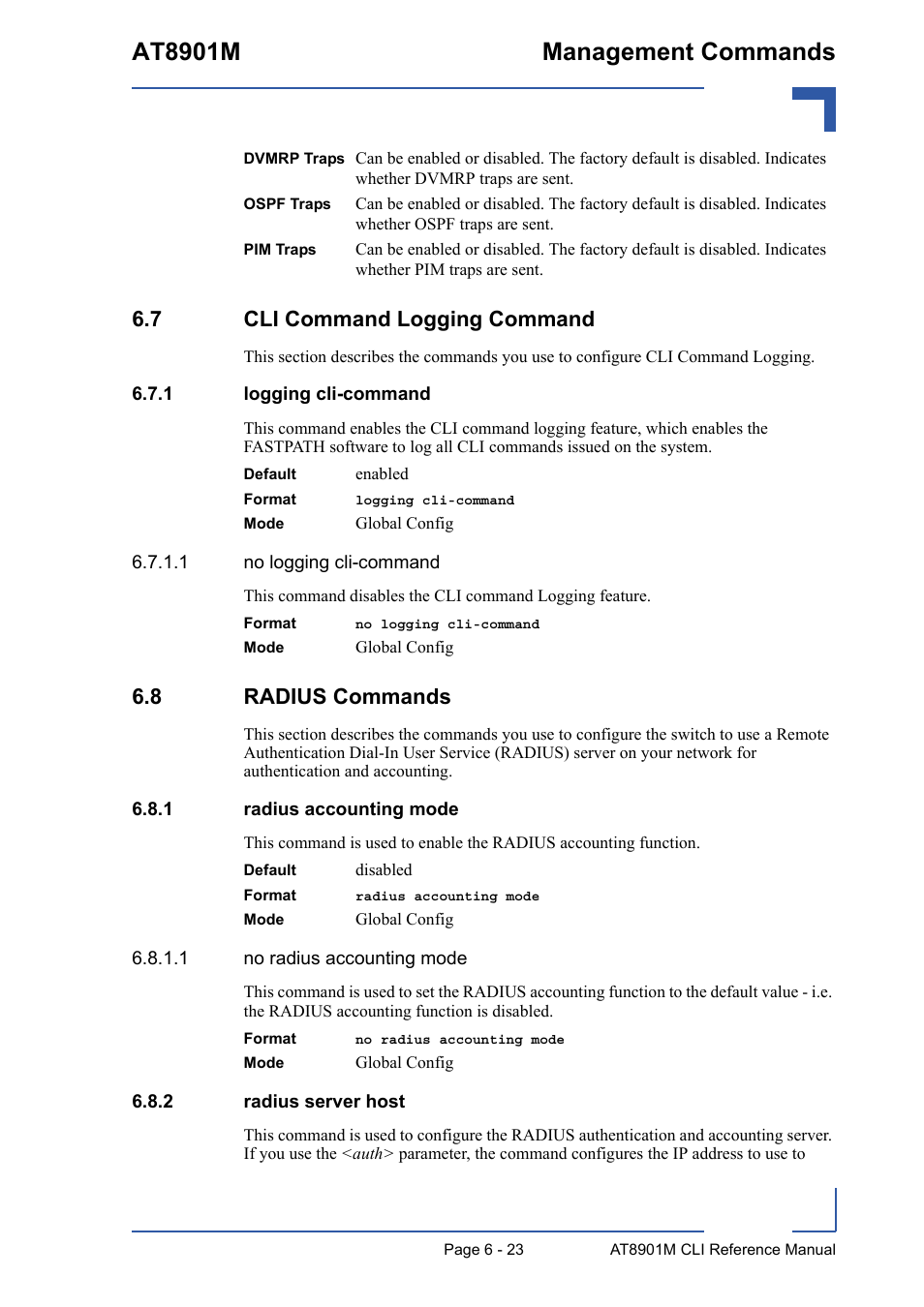 7 cli command logging command, 1 logging cli-command, 8 radius commands | 1 radius accounting mode, 2 radius server host, 7 cli command logging command - 23, Logging cli-command - 23, 8 radius commands - 23, Radius accounting mode - 23, Radius server host - 23 | Kontron AT8901M CLI User Manual | Page 275 / 313