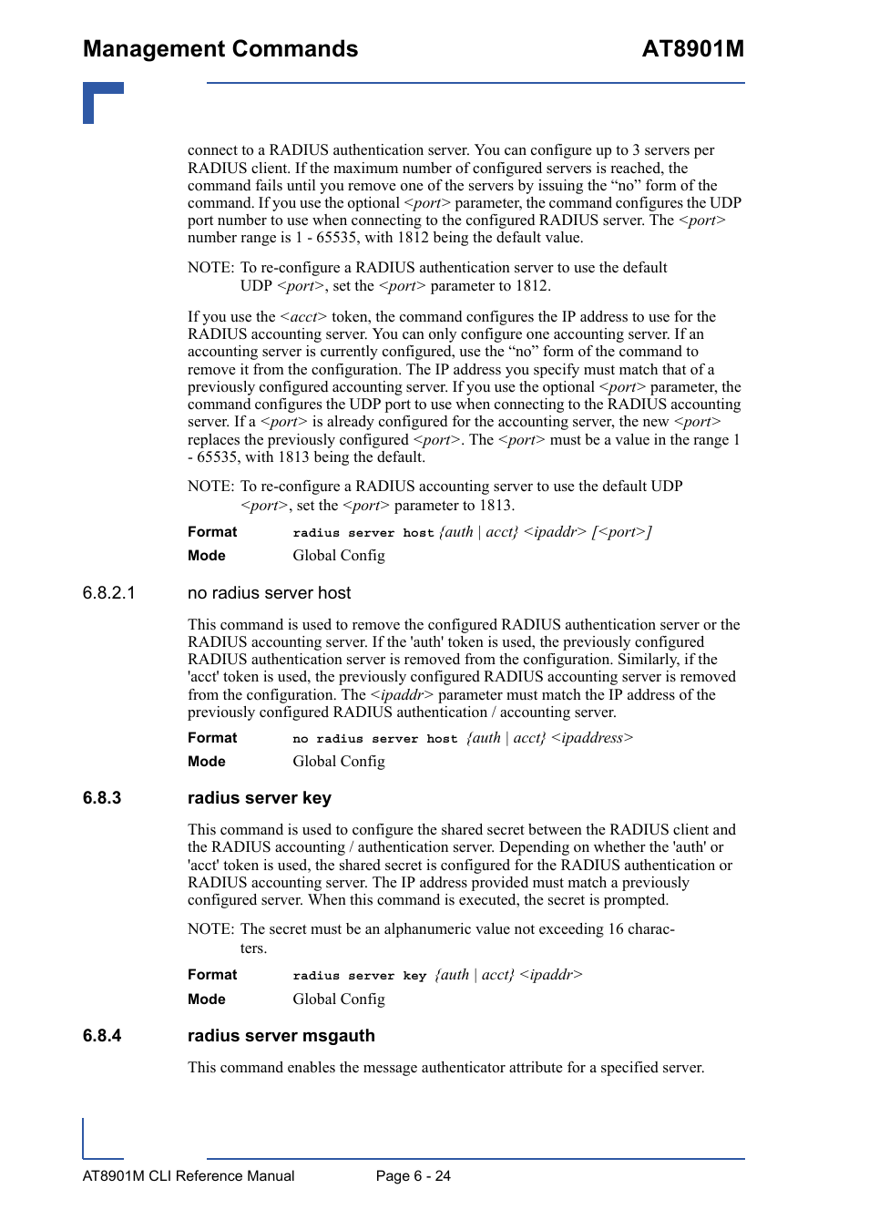 3 radius server key, 4 radius server msgauth, Radius server key - 24 | Radius server msgauth - 24, Management commands at8901m | Kontron AT8901M CLI User Manual | Page 276 / 313