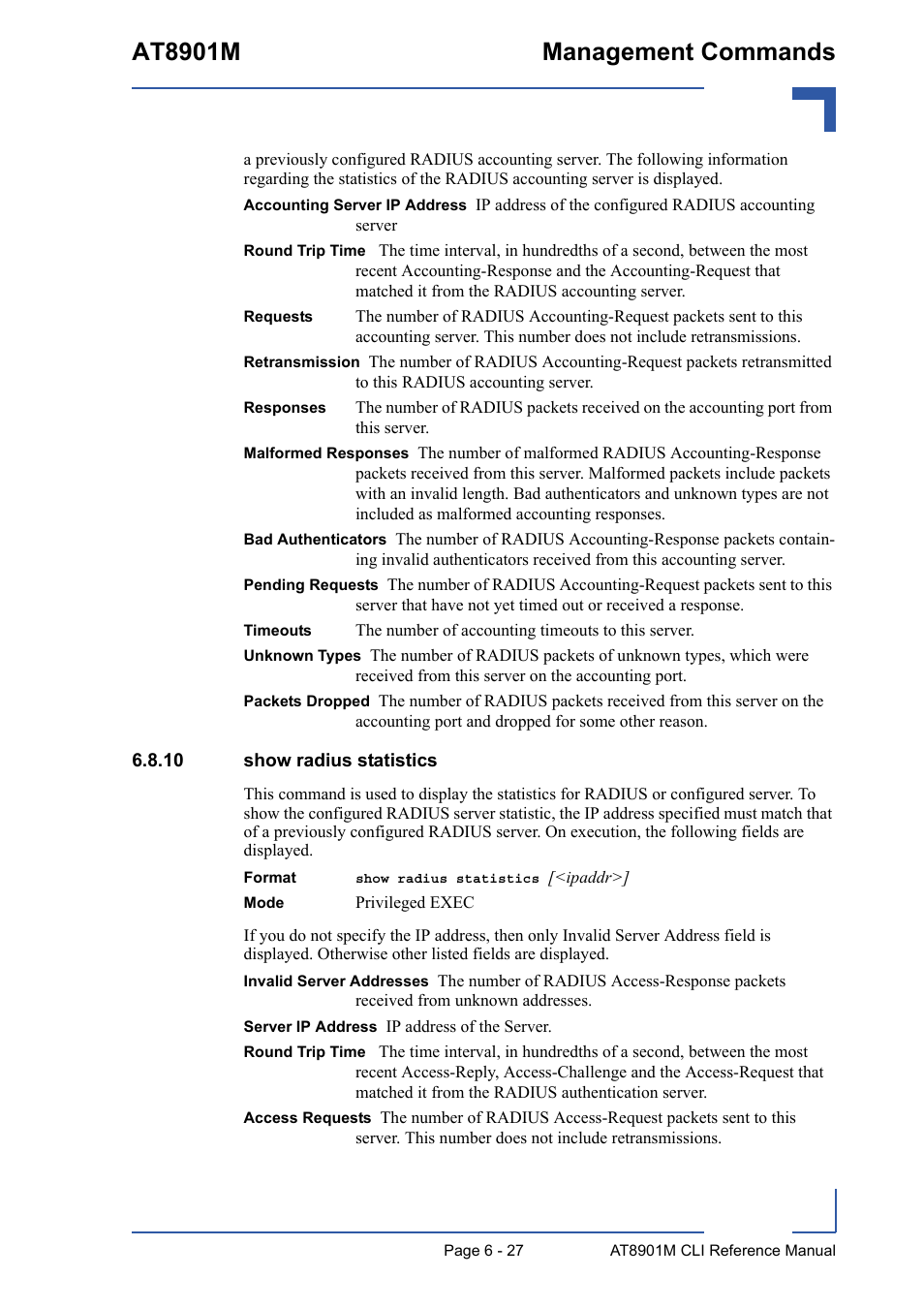 10 show radius statistics, 10 show radius statistics - 27, At8901m management commands | Kontron AT8901M CLI User Manual | Page 279 / 313