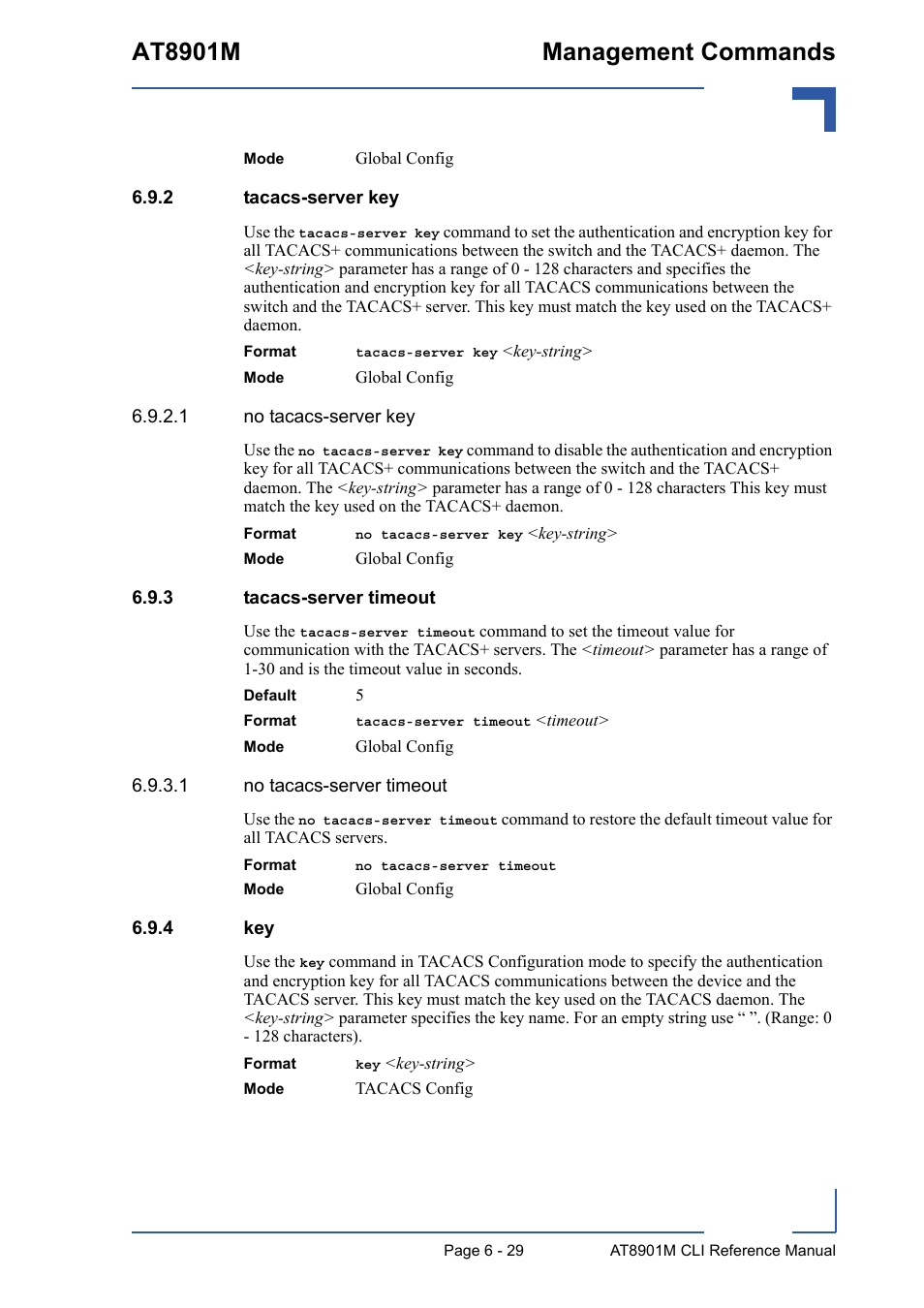 2 tacacs-server key, 3 tacacs-server timeout, 4 key | Tacacs-server key - 29, Tacacs-server timeout - 29, Key - 29, At8901m management commands | Kontron AT8901M CLI User Manual | Page 281 / 313
