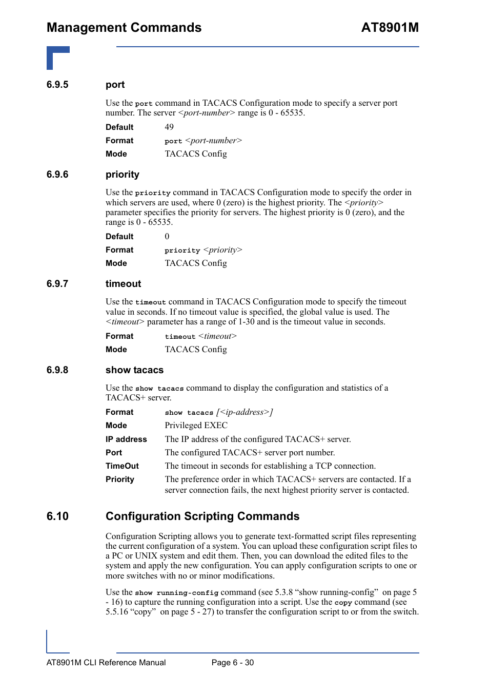 5 port, 6 priority, 7 timeout | 8 show tacacs, 10 configuration scripting commands, Port - 30, Priority - 30, Timeout - 30, Show tacacs - 30, 10 configuration scripting commands - 30 | Kontron AT8901M CLI User Manual | Page 282 / 313