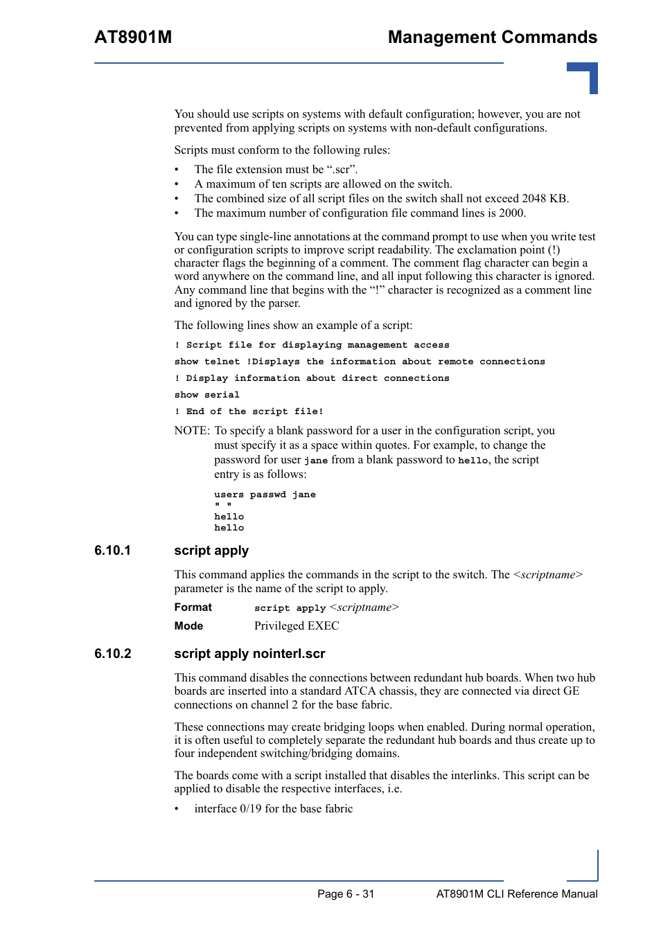 1 script apply, 2 script apply nointerl.scr, At8901m management commands | Kontron AT8901M CLI User Manual | Page 283 / 313