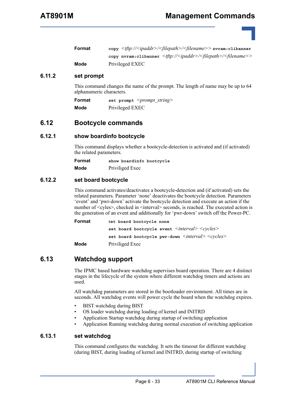 2 set prompt, 12 bootcycle commands, 1 show boardinfo bootcycle | 2 set board bootcycle, 13 watchdog support, 1 set watchdog, 2 set prompt - 33, 12 bootcycle commands - 33, 13 watchdog support - 33, 1 set watchdog - 33 | Kontron AT8901M CLI User Manual | Page 285 / 313