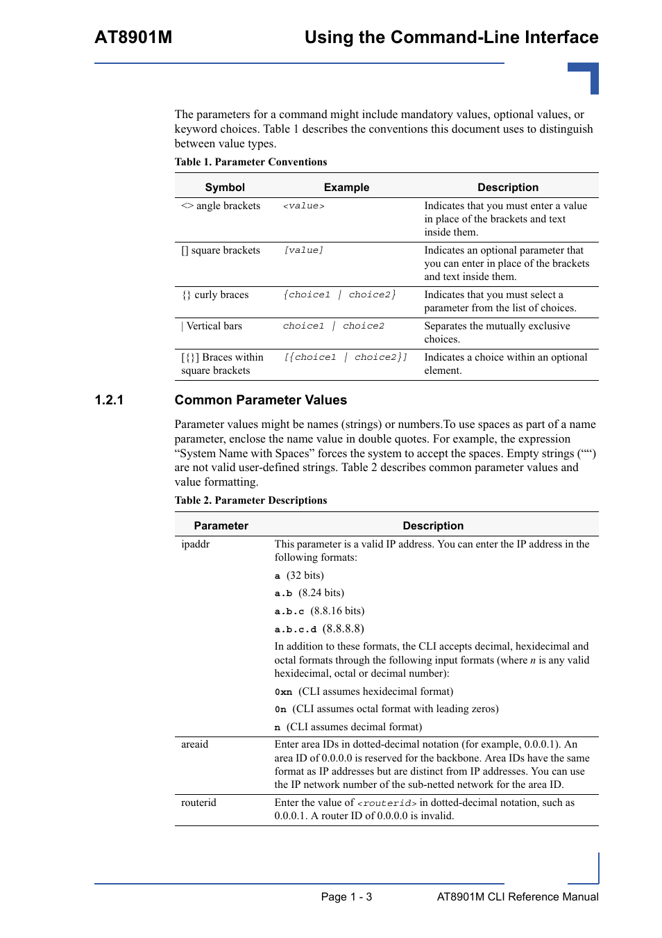 1 common parameter values, Common parameter values - 3, At8901m using the command-line interface | Kontron AT8901M CLI User Manual | Page 29 / 313