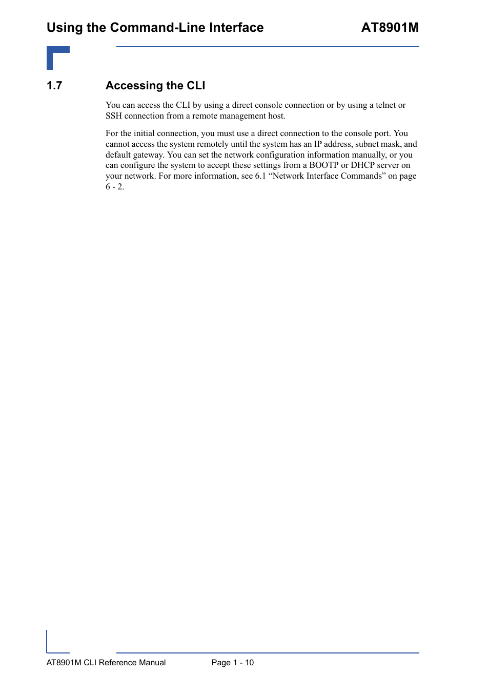 7 accessing the cli, 7 accessing the cli - 10, Using the command-line interface at8901m | Kontron AT8901M CLI User Manual | Page 36 / 313