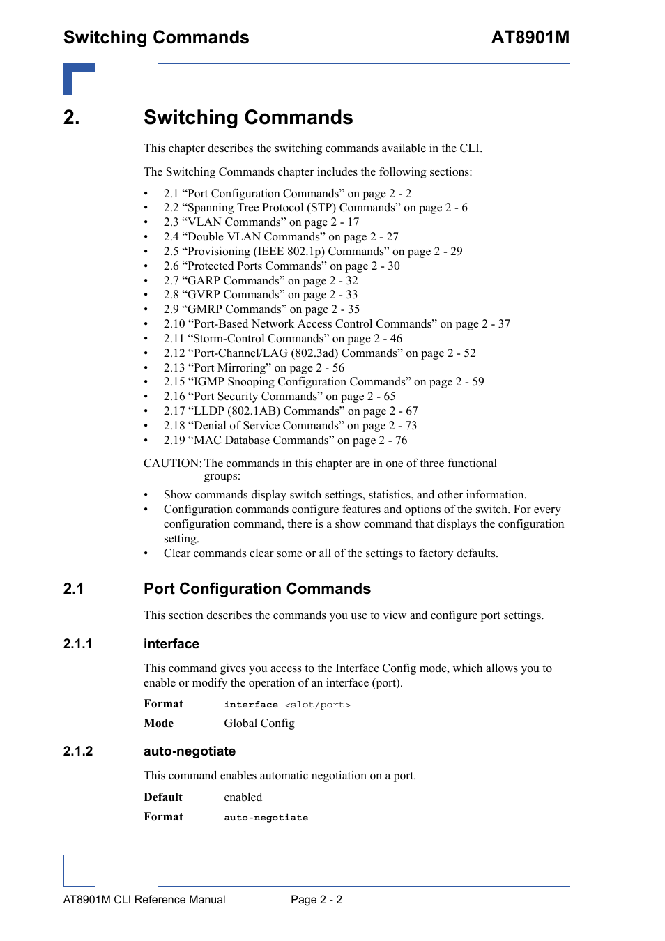 Switching commands, 1 port configuration commands, 1 interface | 2 auto-negotiate, Switching commands - 2, 1 port configuration commands - 2, Interface - 2, Auto-negotiate - 2, Switching commands at8901m | Kontron AT8901M CLI User Manual | Page 38 / 313