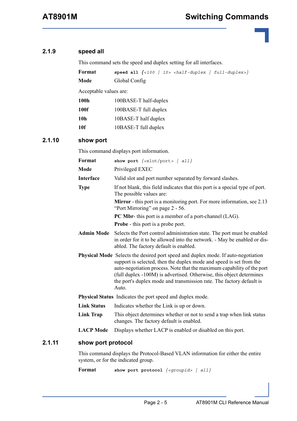 9 speed all, 10 show port, 11 show port protocol | Speed all - 5, 10 show port - 5 2.1.11 show port protocol - 5, At8901m switching commands | Kontron AT8901M CLI User Manual | Page 41 / 313