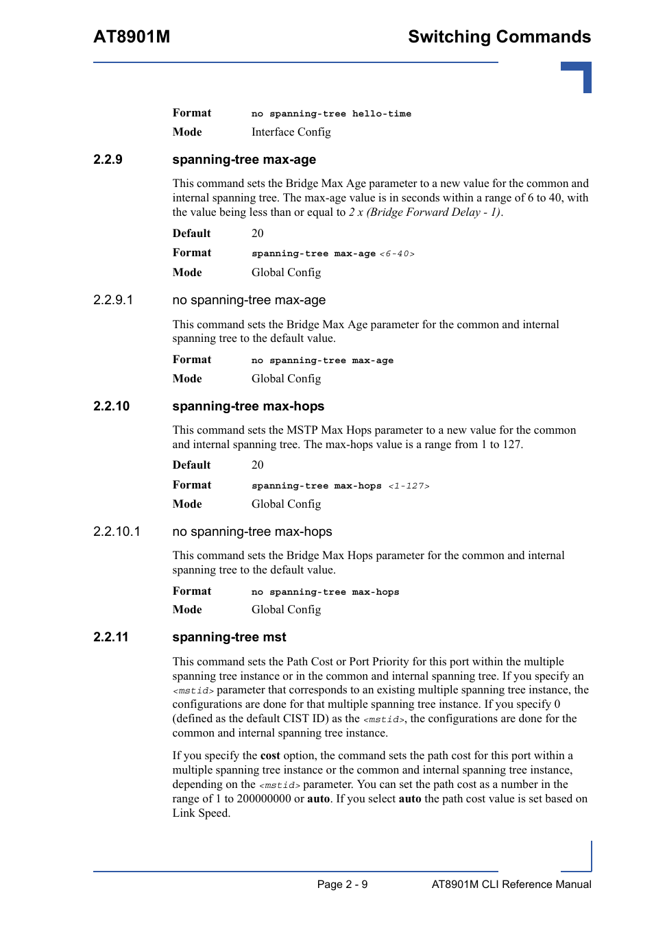 9 spanning-tree max-age, 10 spanning-tree max-hops, 11 spanning-tree mst | Spanning-tree max-age - 9, At8901m switching commands | Kontron AT8901M CLI User Manual | Page 45 / 313