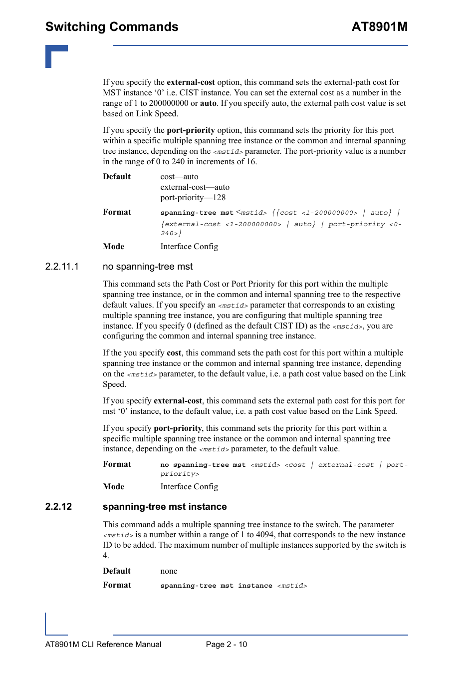 12 spanning-tree mst instance, 12 spanning-tree mst instance - 10, Switching commands at8901m | Kontron AT8901M CLI User Manual | Page 46 / 313