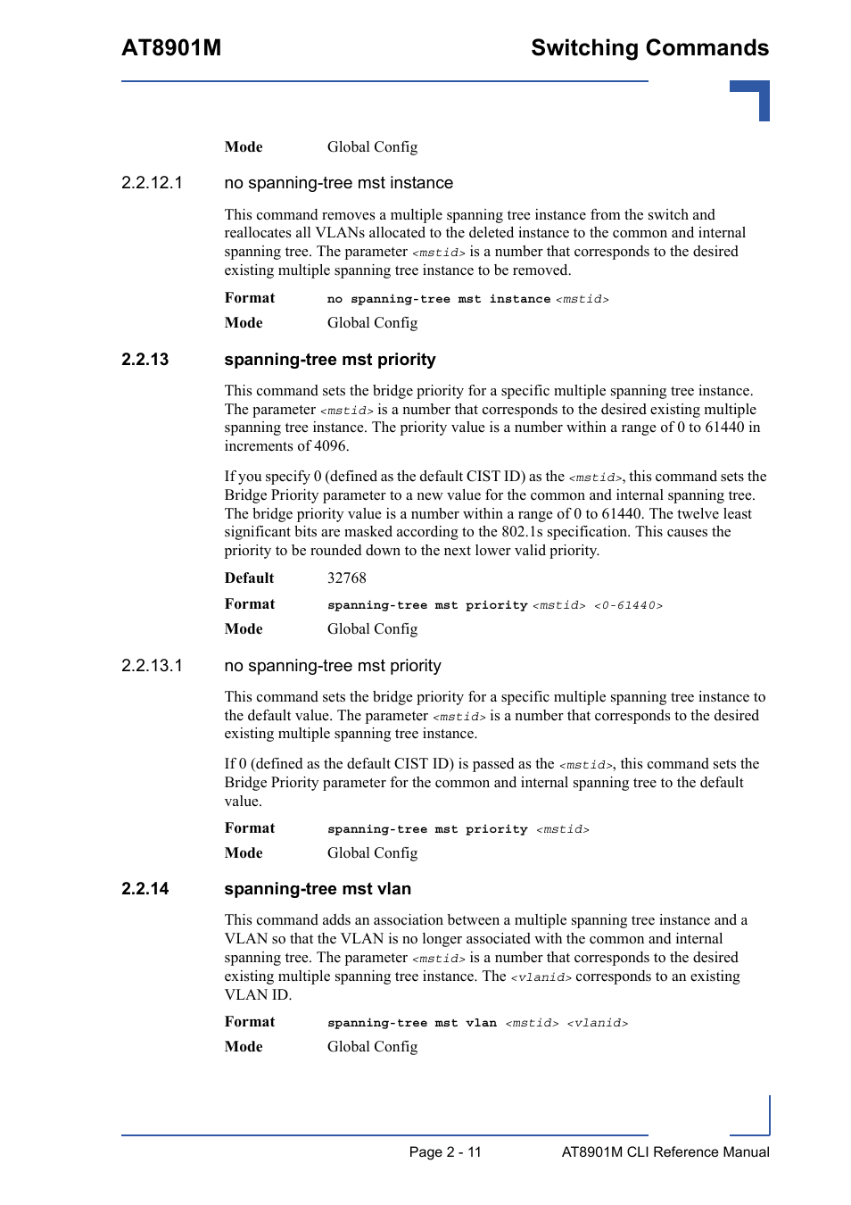 13 spanning-tree mst priority, 14 spanning-tree mst vlan, At8901m switching commands | Kontron AT8901M CLI User Manual | Page 47 / 313