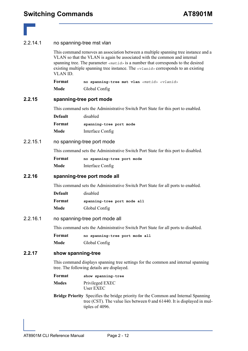 15 spanning-tree port mode, 16 spanning-tree port mode all, 17 show spanning-tree | Switching commands at8901m | Kontron AT8901M CLI User Manual | Page 48 / 313