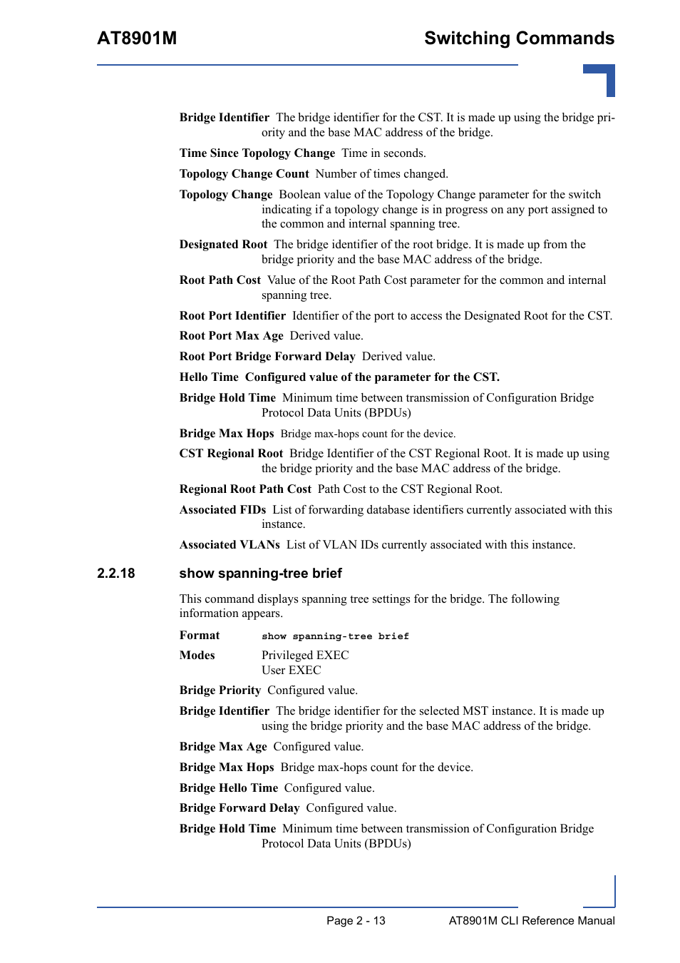 18 show spanning-tree brief, 18 show spanning-tree brief - 13, At8901m switching commands | Kontron AT8901M CLI User Manual | Page 49 / 313