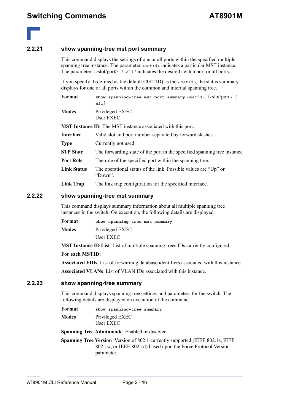 21 show spanning-tree mst port summary, 22 show spanning-tree mst summary, 23 show spanning-tree summary | Switching commands at8901m | Kontron AT8901M CLI User Manual | Page 52 / 313