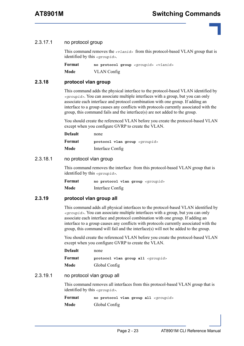 18 protocol vlan group, 19 protocol vlan group all, At8901m switching commands | Kontron AT8901M CLI User Manual | Page 59 / 313