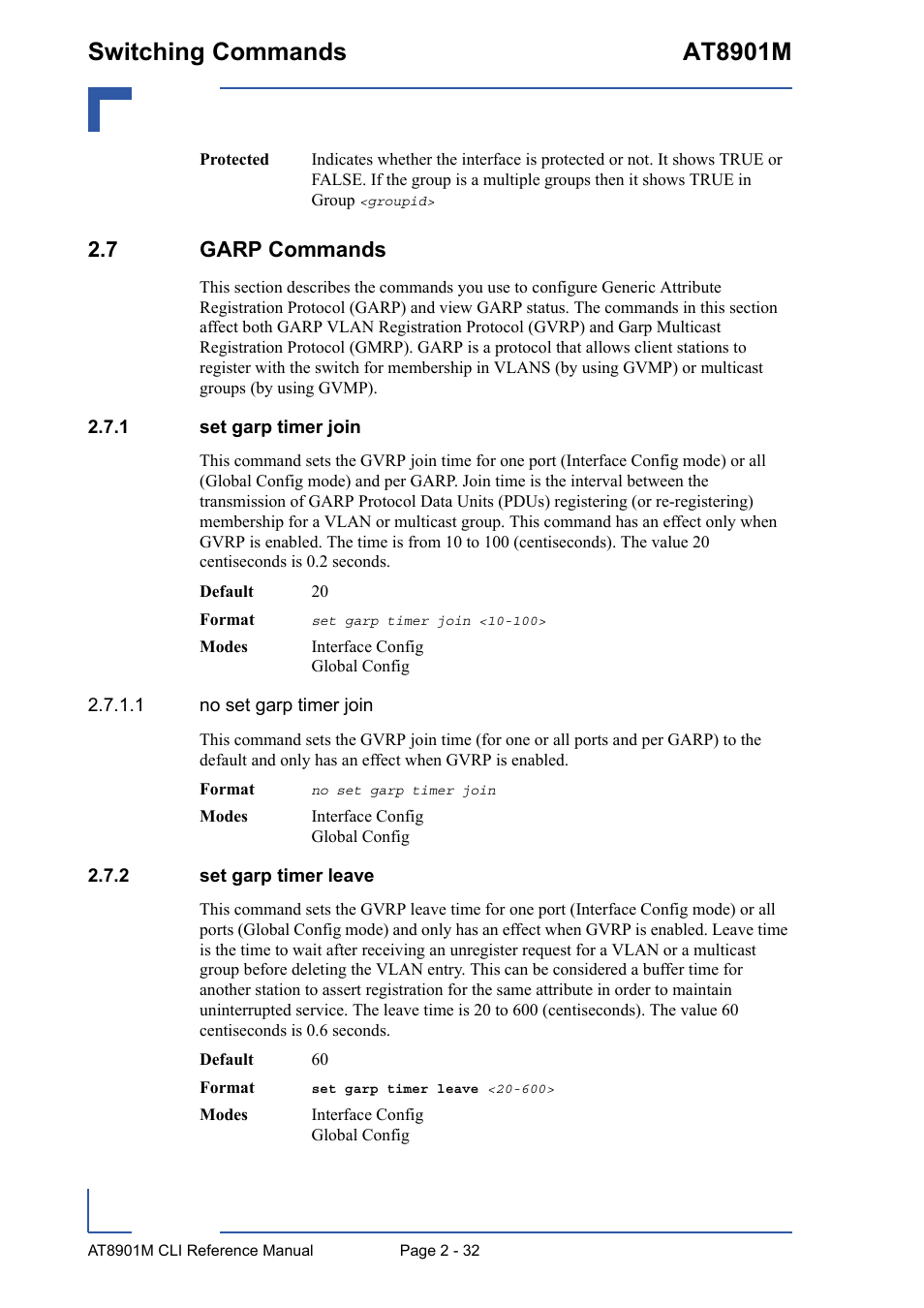 7 garp commands, 1 set garp timer join, 2 set garp timer leave | 7 garp commands - 32, Set garp timer join - 32, Set garp timer leave - 32, Switching commands at8901m | Kontron AT8901M CLI User Manual | Page 68 / 313