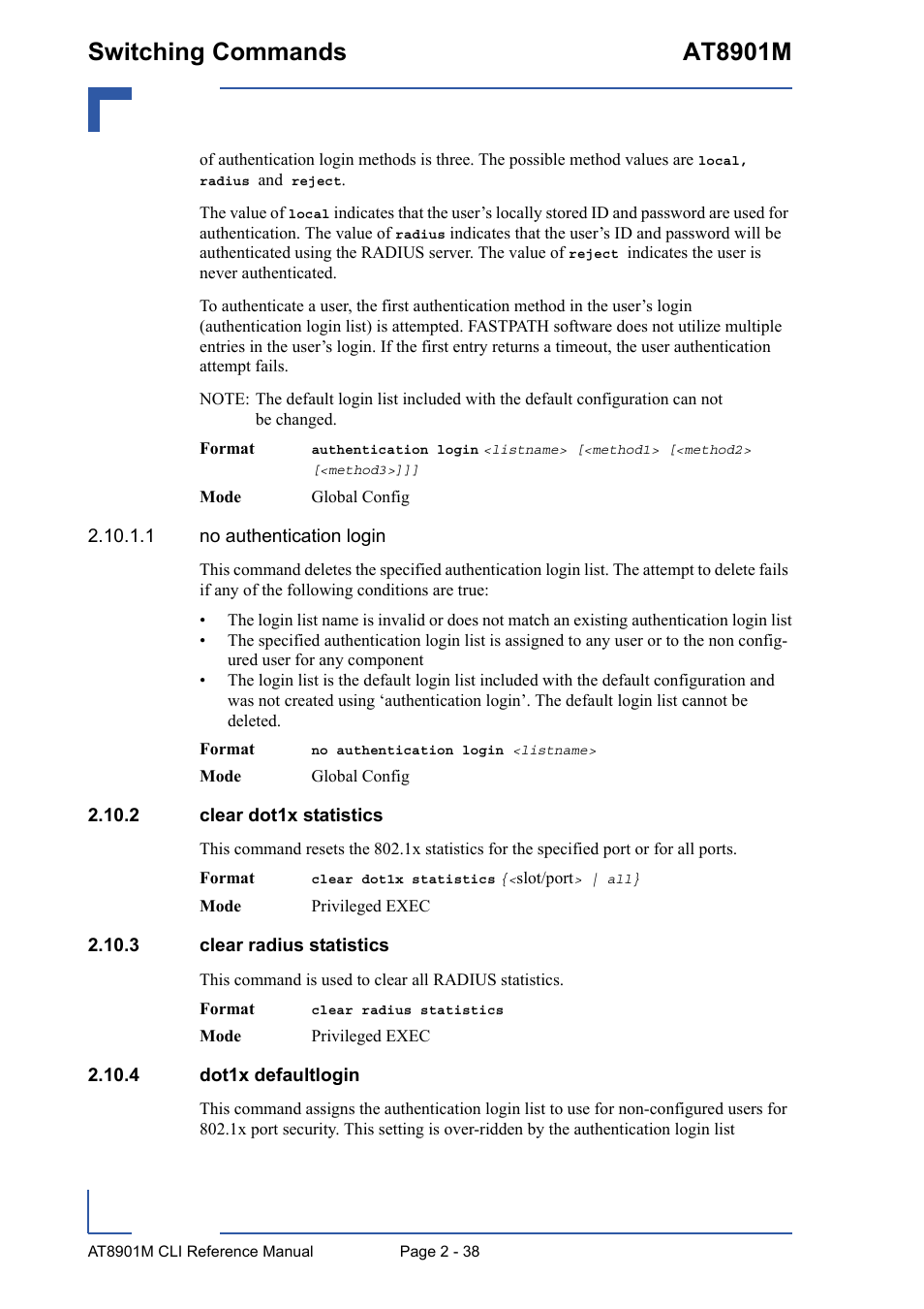 2 clear dot1x statistics, 3 clear radius statistics, 4 dot1x defaultlogin | Switching commands at8901m | Kontron AT8901M CLI User Manual | Page 74 / 313