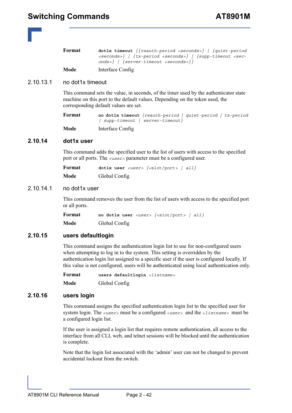 14 dot1x user, 15 users defaultlogin, 16 users login | Switching commands at8901m | Kontron AT8901M CLI User Manual | Page 78 / 313