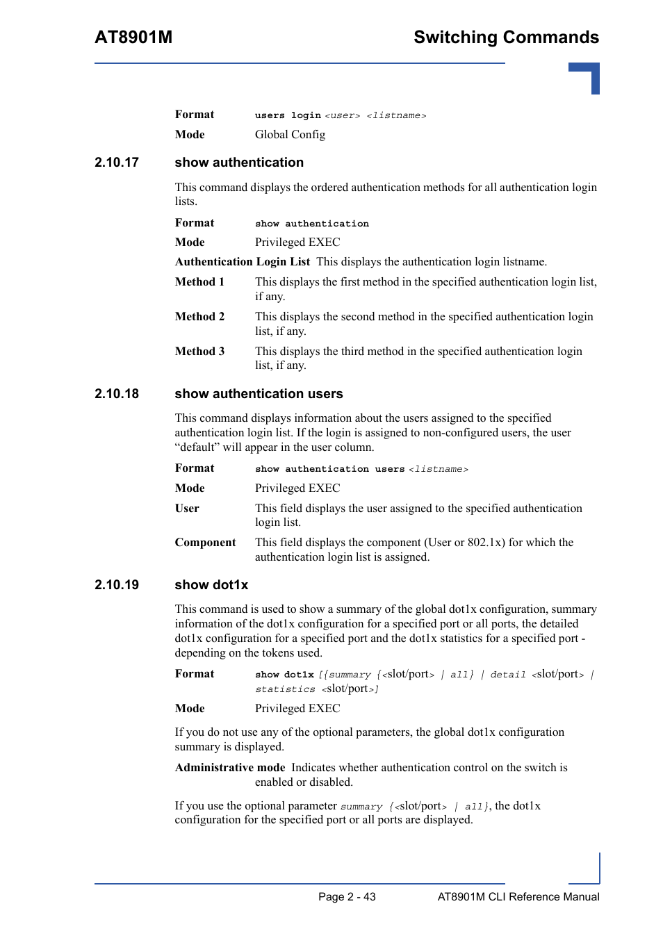 17 show authentication, 18 show authentication users, 19 show dot1x | At8901m switching commands | Kontron AT8901M CLI User Manual | Page 79 / 313