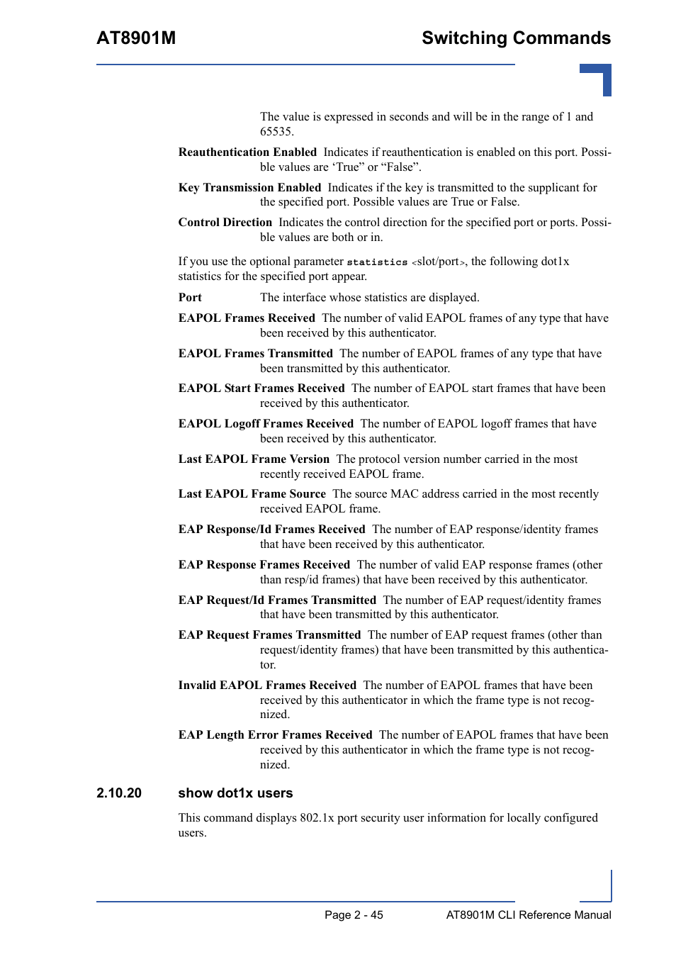 20 show dot1x users, 20 show dot1x users - 45, At8901m switching commands | Kontron AT8901M CLI User Manual | Page 81 / 313