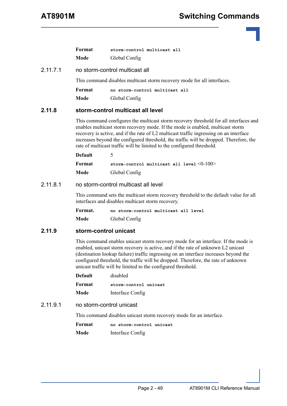 8 storm-control multicast all level, 9 storm-control unicast, At8901m switching commands | Kontron AT8901M CLI User Manual | Page 85 / 313