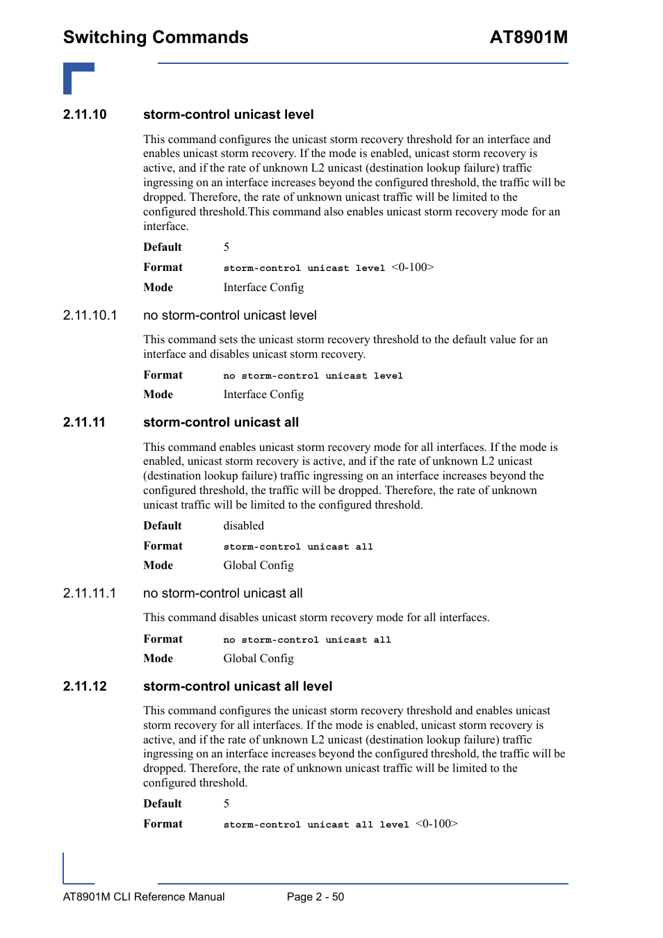 10 storm-control unicast level, 11 storm-control unicast all, 12 storm-control unicast all level | Switching commands at8901m | Kontron AT8901M CLI User Manual | Page 86 / 313