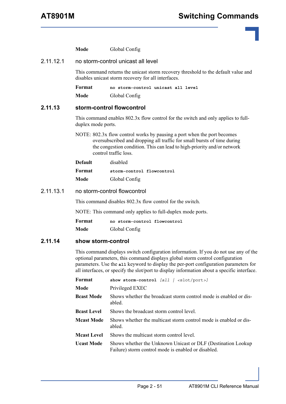 13 storm-control flowcontrol, 14 show storm-control, At8901m switching commands | Kontron AT8901M CLI User Manual | Page 87 / 313