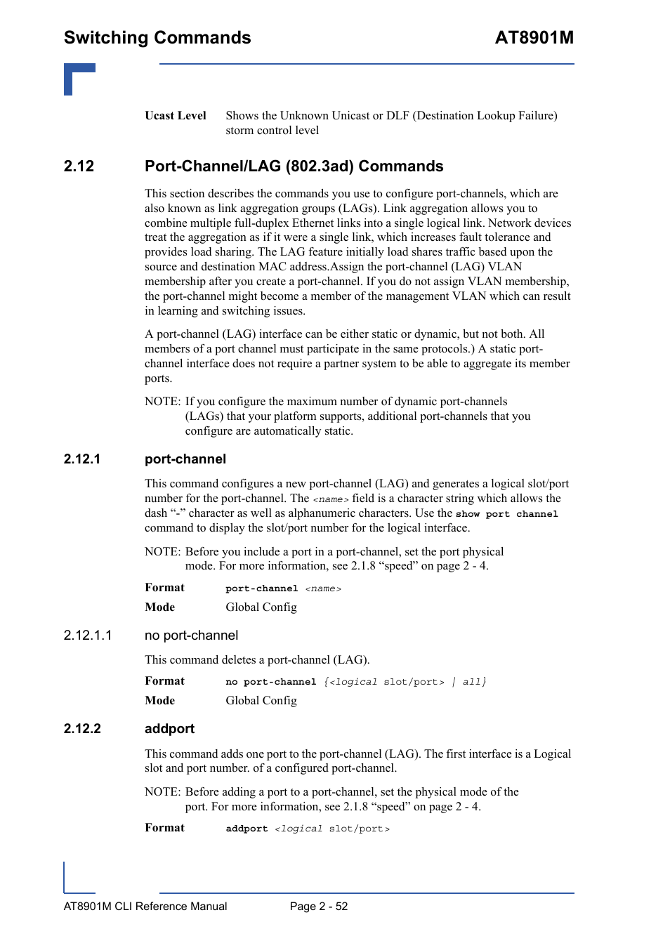 12 port-channel/lag (802.3ad) commands, 1 port-channel, 2 addport | 12 port-channel/lag (802.3ad) commands - 52, 1 port-channel - 52 2.12.2 addport - 52, Switching commands at8901m | Kontron AT8901M CLI User Manual | Page 88 / 313