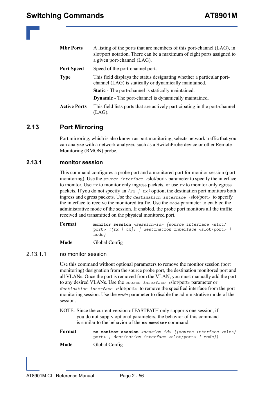 13 port mirroring, 1 monitor session, 13 port mirroring - 56 | 1 monitor session - 56, Switching commands at8901m | Kontron AT8901M CLI User Manual | Page 92 / 313