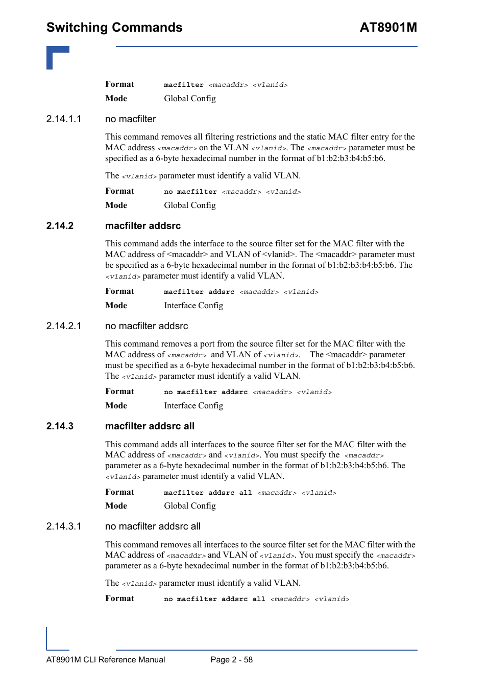 2 macfilter addsrc, 3 macfilter addsrc all, Switching commands at8901m | Kontron AT8901M CLI User Manual | Page 94 / 313