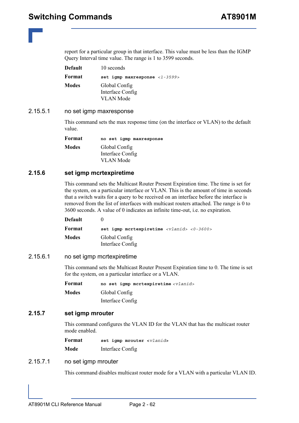 6 set igmp mcrtexpiretime, 7 set igmp mrouter, Switching commands at8901m | Kontron AT8901M CLI User Manual | Page 98 / 313