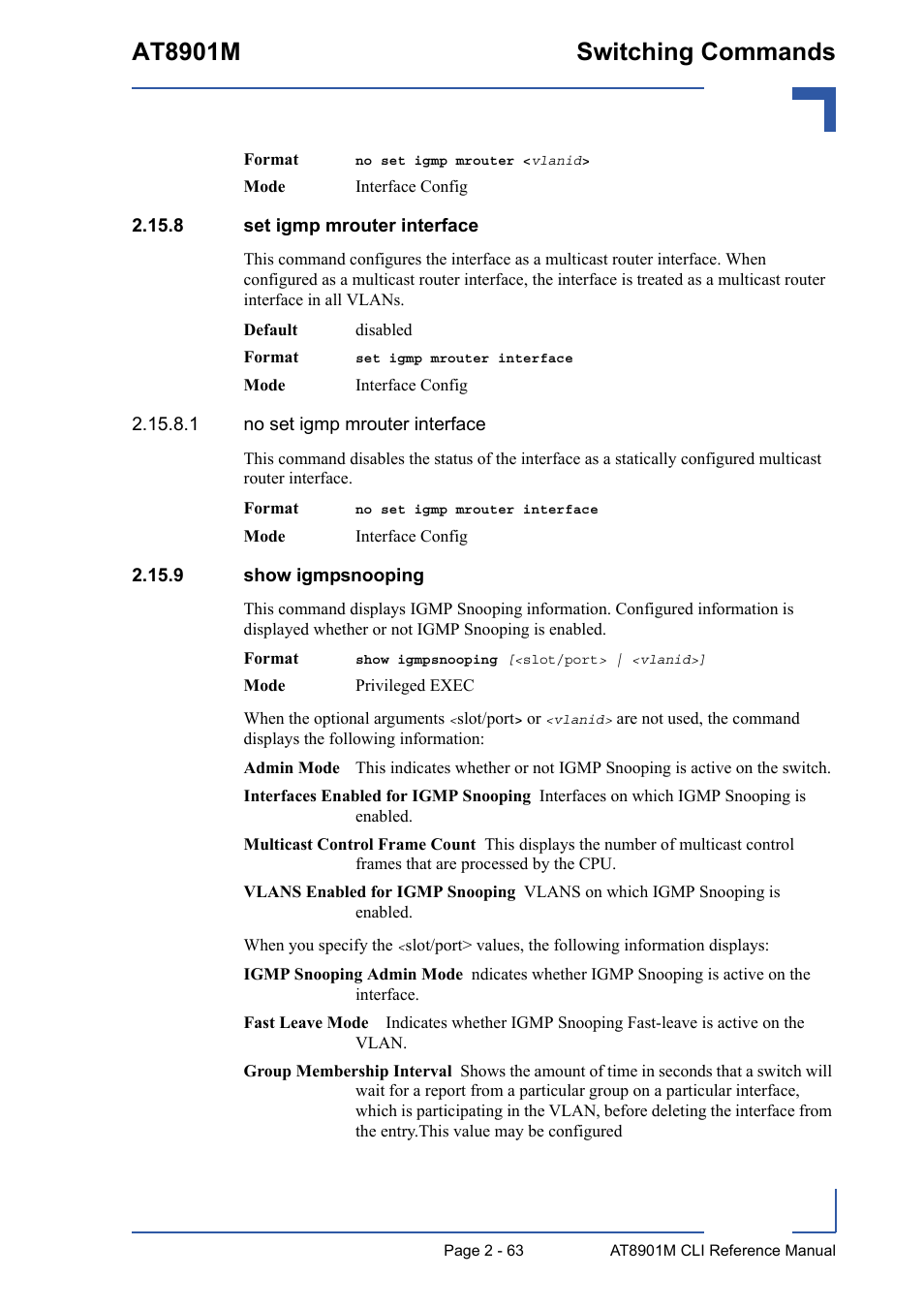 8 set igmp mrouter interface, 9 show igmpsnooping, At8901m switching commands | Kontron AT8901M CLI User Manual | Page 99 / 313