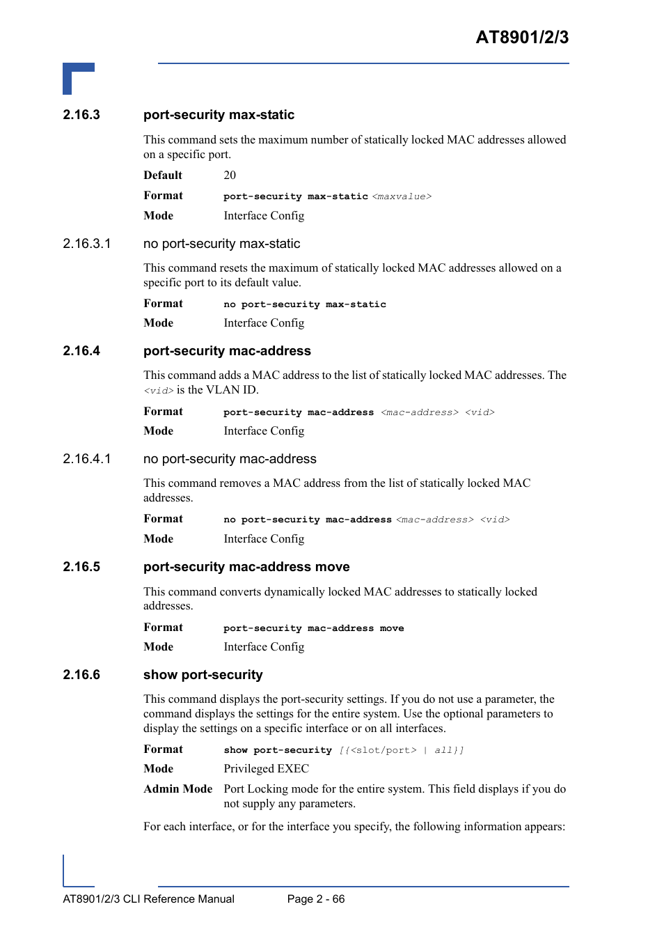 3 port-security max-static, 4 port-security mac-address, 5 port-security mac-address move | 6 show port-security | Kontron AT8902 Full Size CLI User Manual | Page 100 / 304