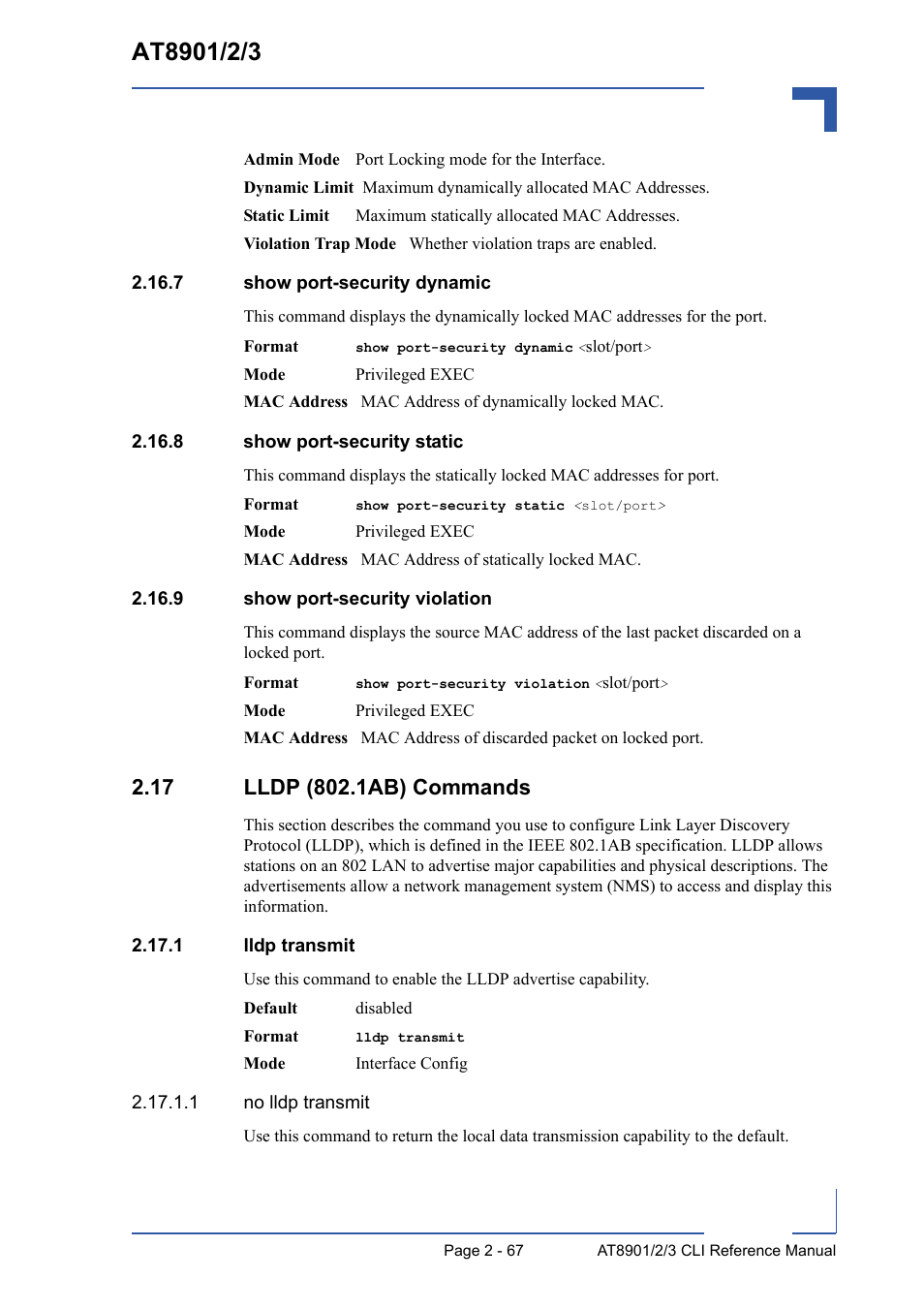 7 show port-security dynamic, 8 show port-security static, 9 show port-security violation | 17 lldp (802.1ab) commands, 1 lldp transmit, 17 lldp (802.1ab) commands - 67, 1 lldp transmit - 67 | Kontron AT8902 Full Size CLI User Manual | Page 101 / 304