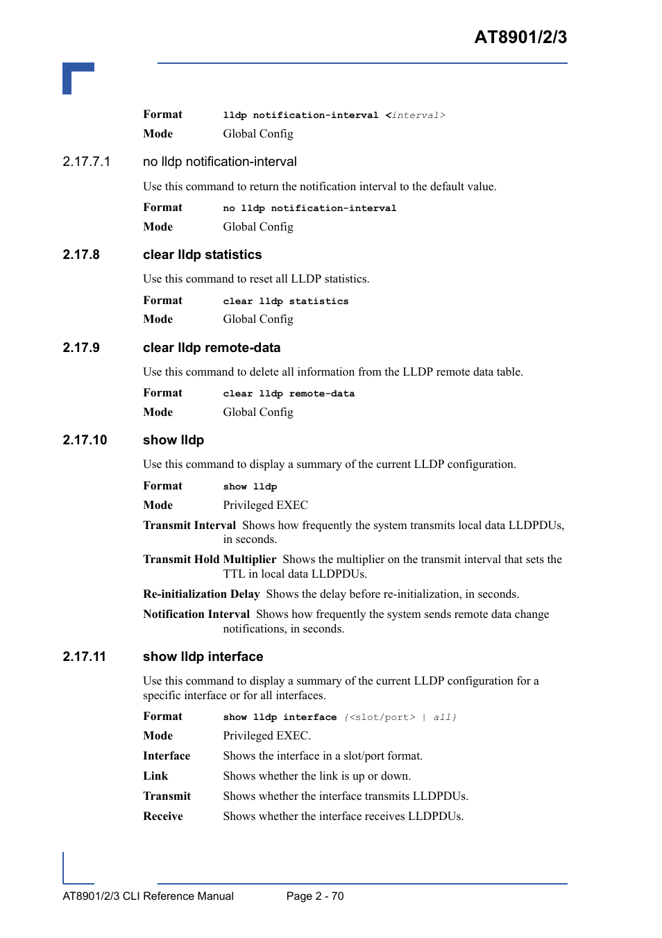 8 clear lldp statistics, 9 clear lldp remote-data, 10 show lldp | 11 show lldp interface | Kontron AT8902 Full Size CLI User Manual | Page 104 / 304