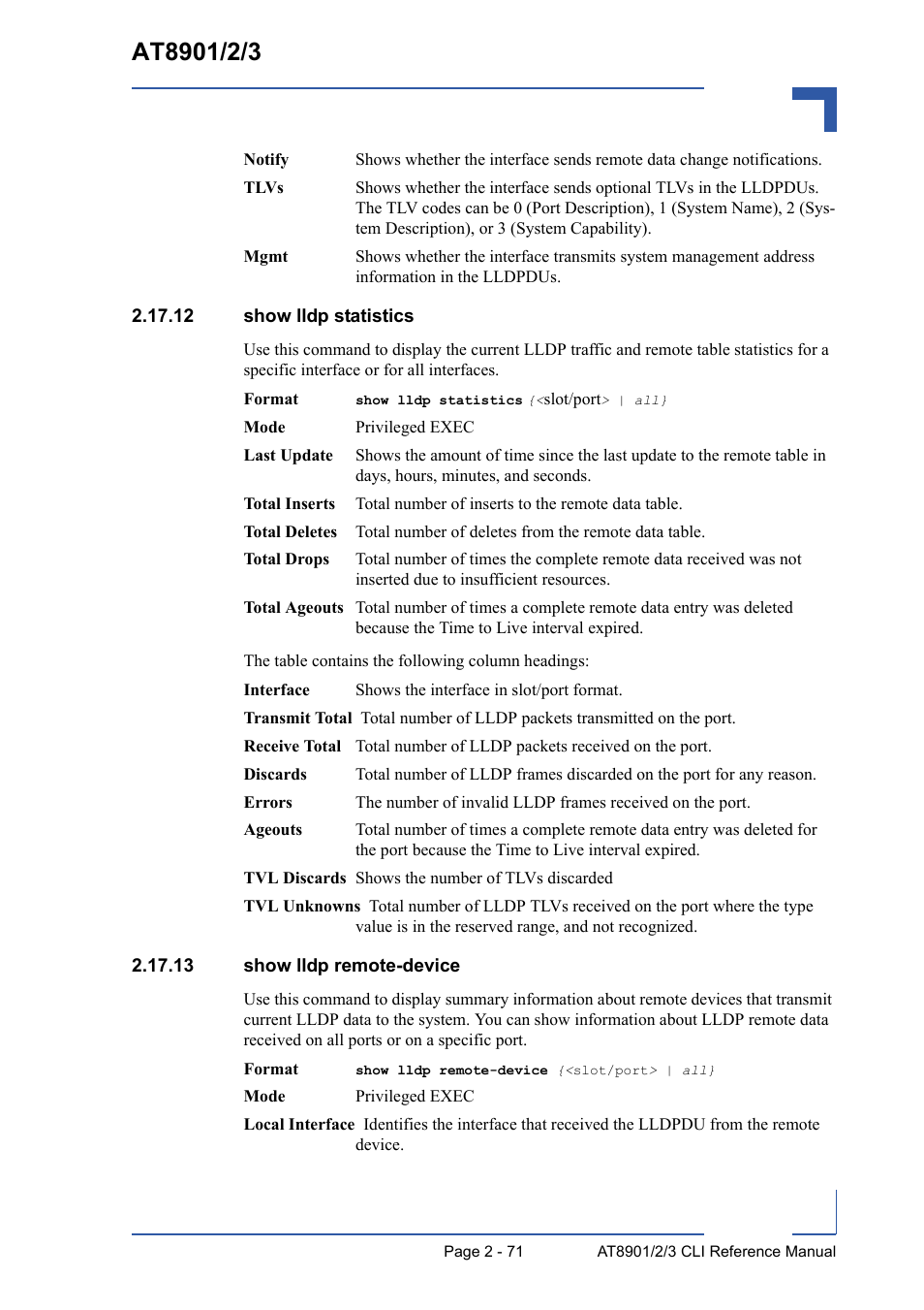 12 show lldp statistics, 13 show lldp remote-device | Kontron AT8902 Full Size CLI User Manual | Page 105 / 304