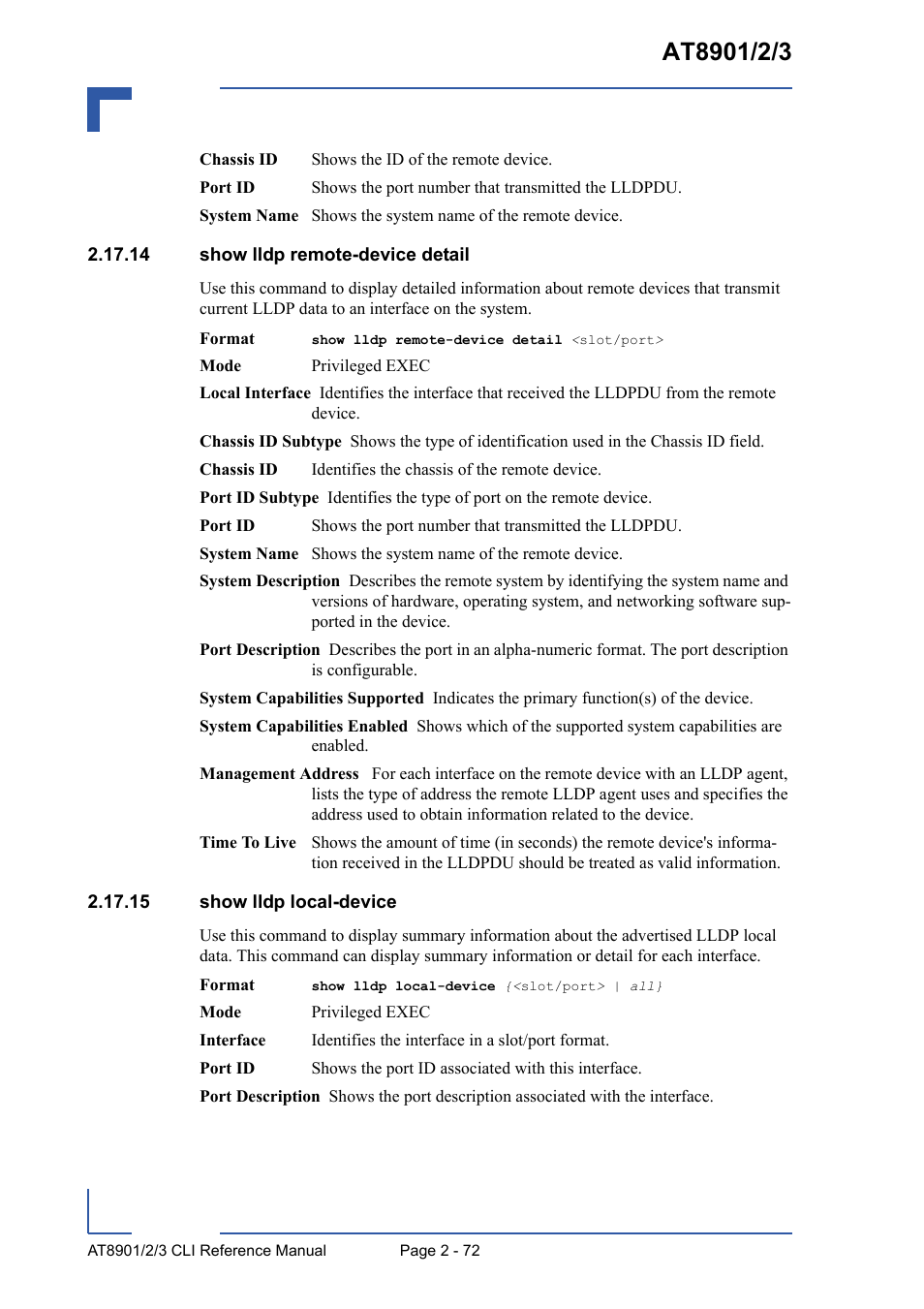 14 show lldp remote-device detail, 15 show lldp local-device | Kontron AT8902 Full Size CLI User Manual | Page 106 / 304