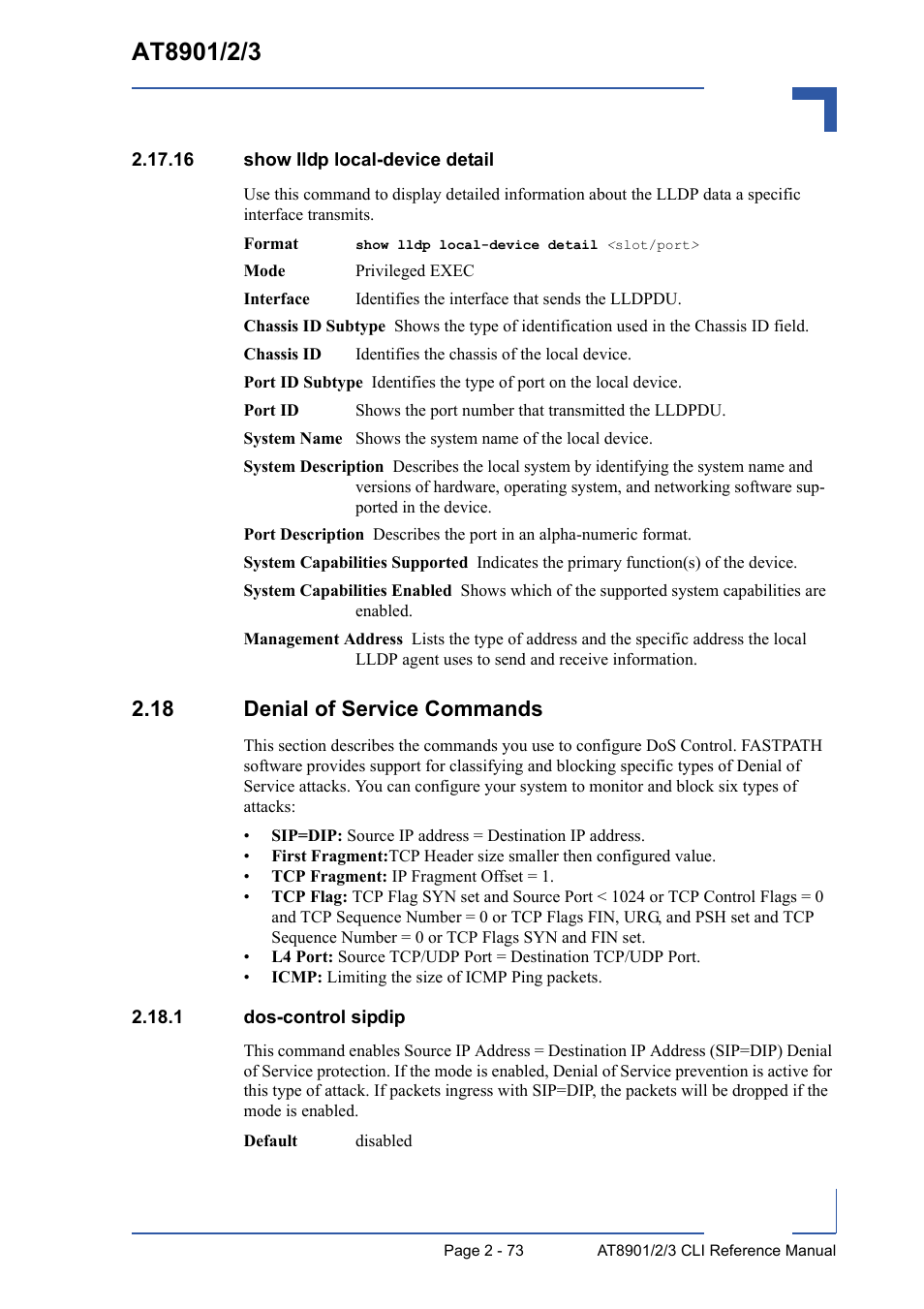 16 show lldp local-device detail, 18 denial of service commands, 1 dos-control sipdip | 16 show lldp local-device detail - 73, 18 denial of service commands - 73, 1 dos-control sipdip - 73 | Kontron AT8902 Full Size CLI User Manual | Page 107 / 304