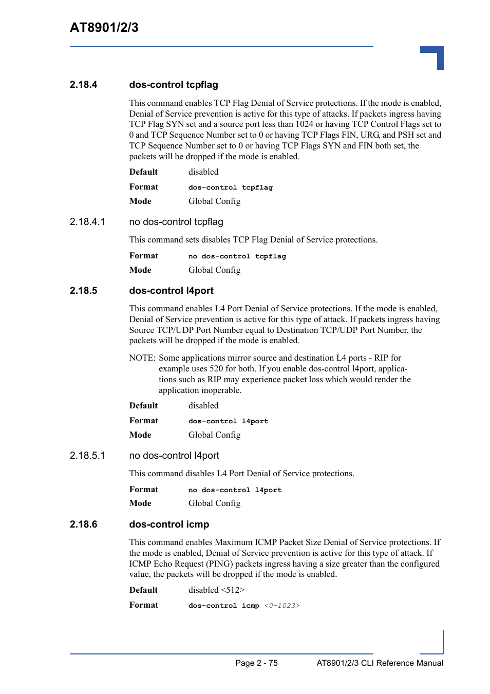 4 dos-control tcpflag, 5 dos-control l4port, 6 dos-control icmp | Kontron AT8902 Full Size CLI User Manual | Page 109 / 304