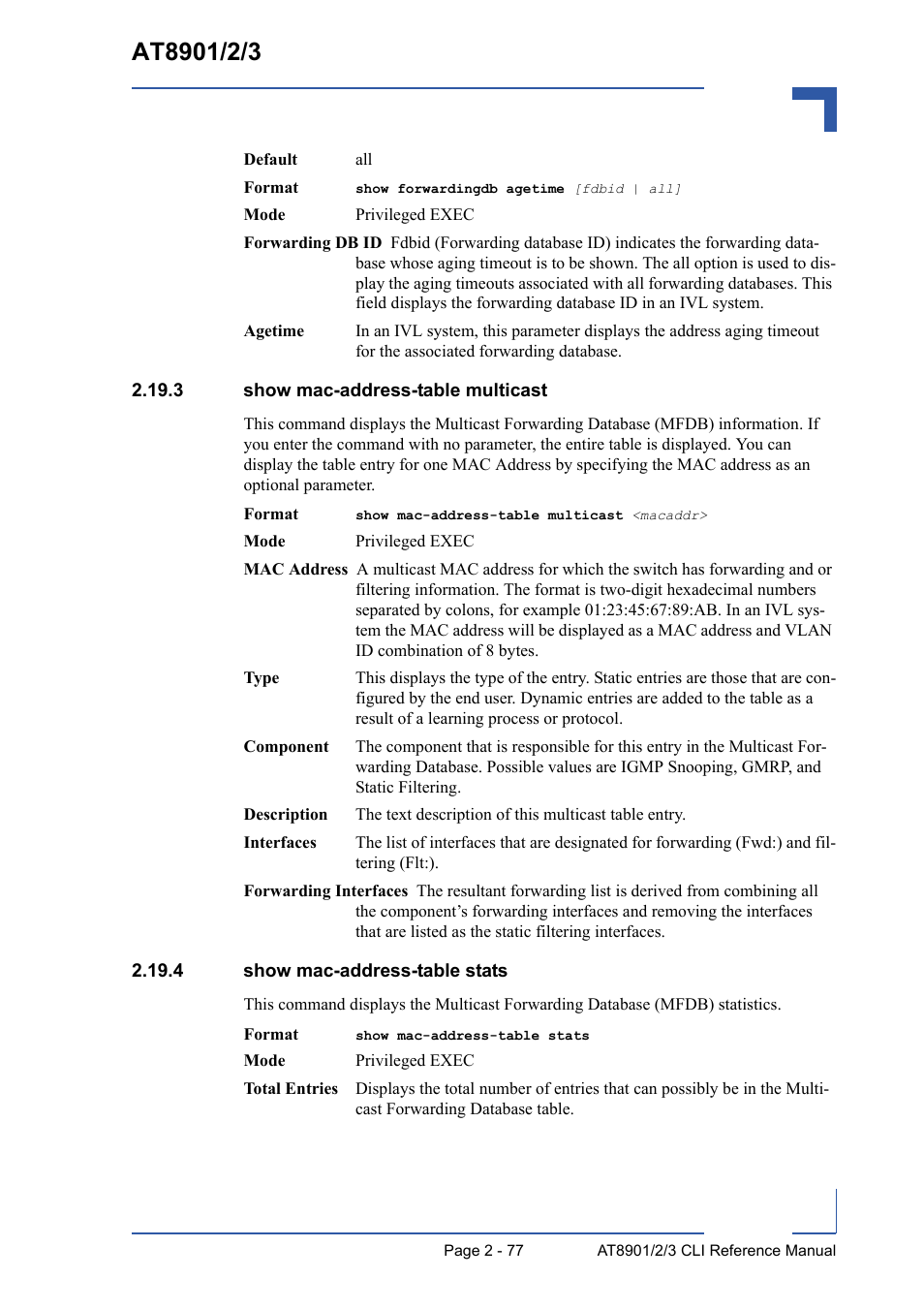 3 show mac-address-table multicast, 4 show mac-address-table stats | Kontron AT8902 Full Size CLI User Manual | Page 111 / 304