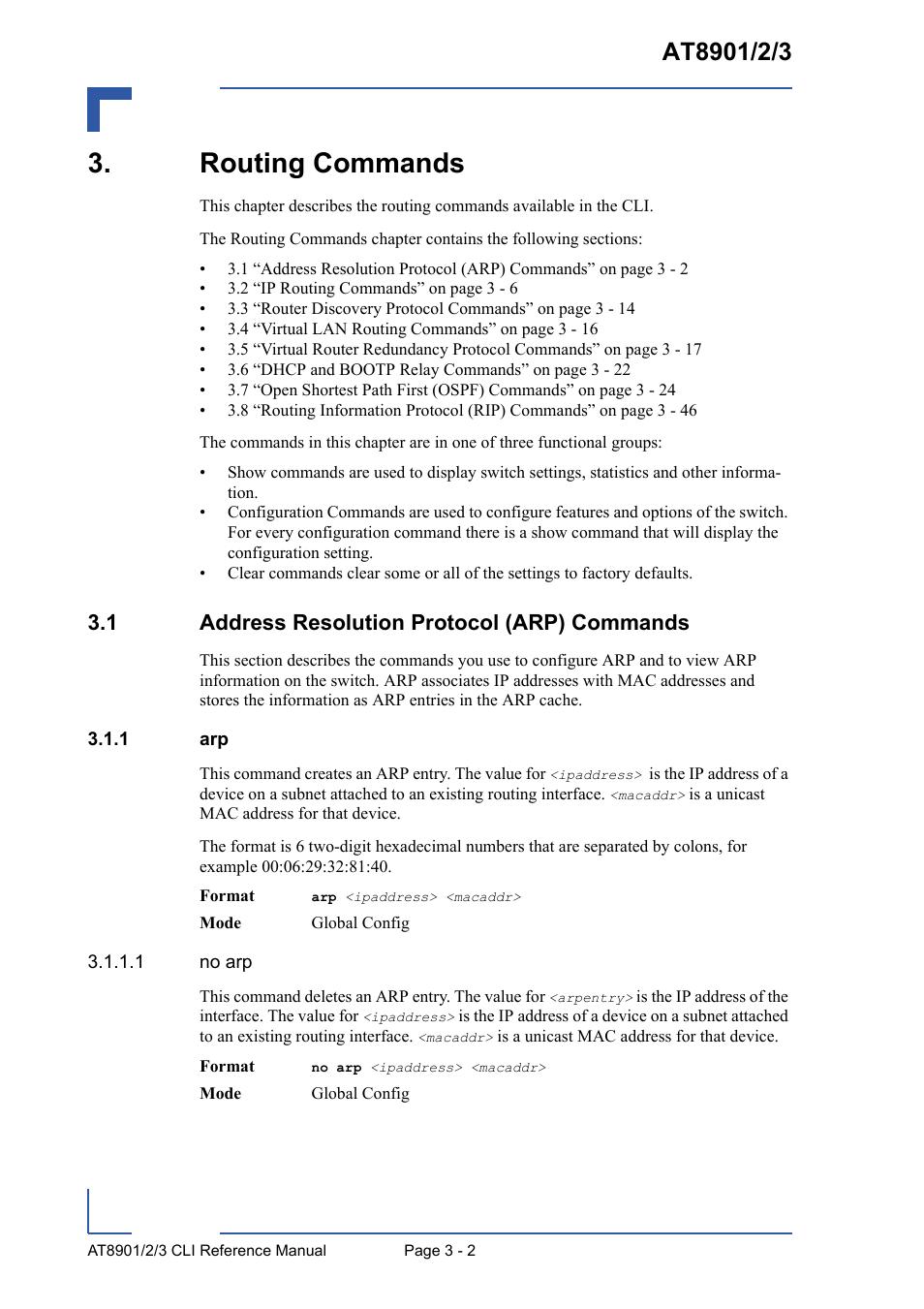 Routing commands, 1 address resolution protocol (arp) commands, 1 arp | Routing commands - 2, 1 address resolution protocol (arp) commands - 2, Arp - 2 | Kontron AT8902 Full Size CLI User Manual | Page 114 / 304