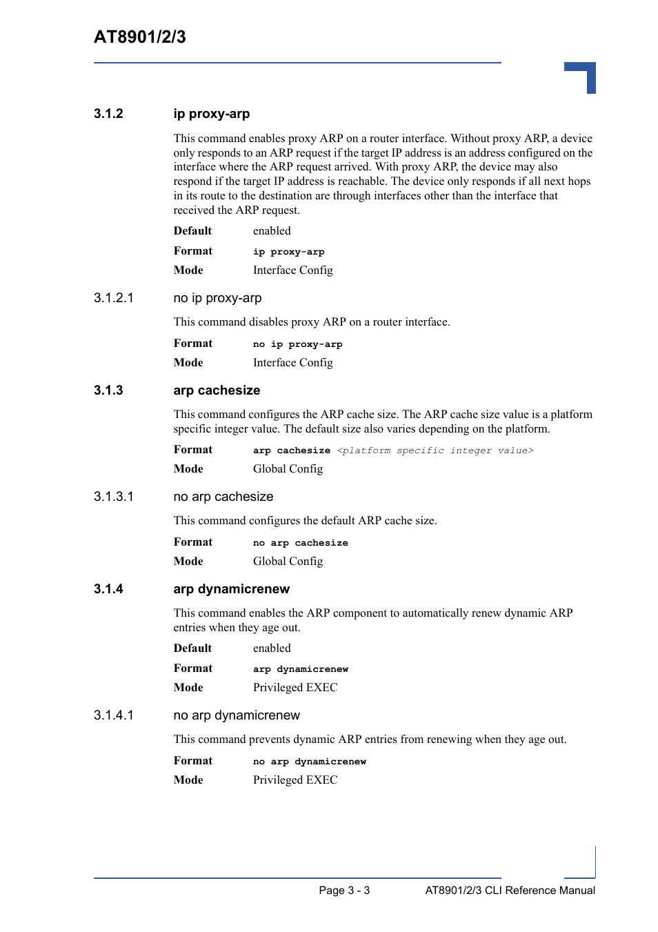 2 ip proxy-arp, 3 arp cachesize, 4 arp dynamicrenew | Ip proxy-arp - 3, Arp cachesize - 3, Arp dynamicrenew - 3 | Kontron AT8902 Full Size CLI User Manual | Page 115 / 304