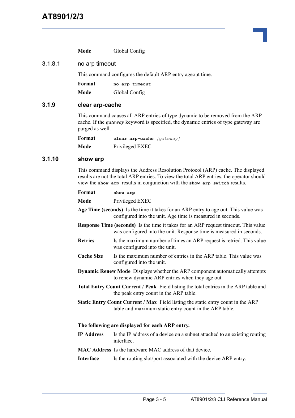 9 clear arp-cache, 10 show arp, Clear arp-cache - 5 | 10 show arp - 5 | Kontron AT8902 Full Size CLI User Manual | Page 117 / 304