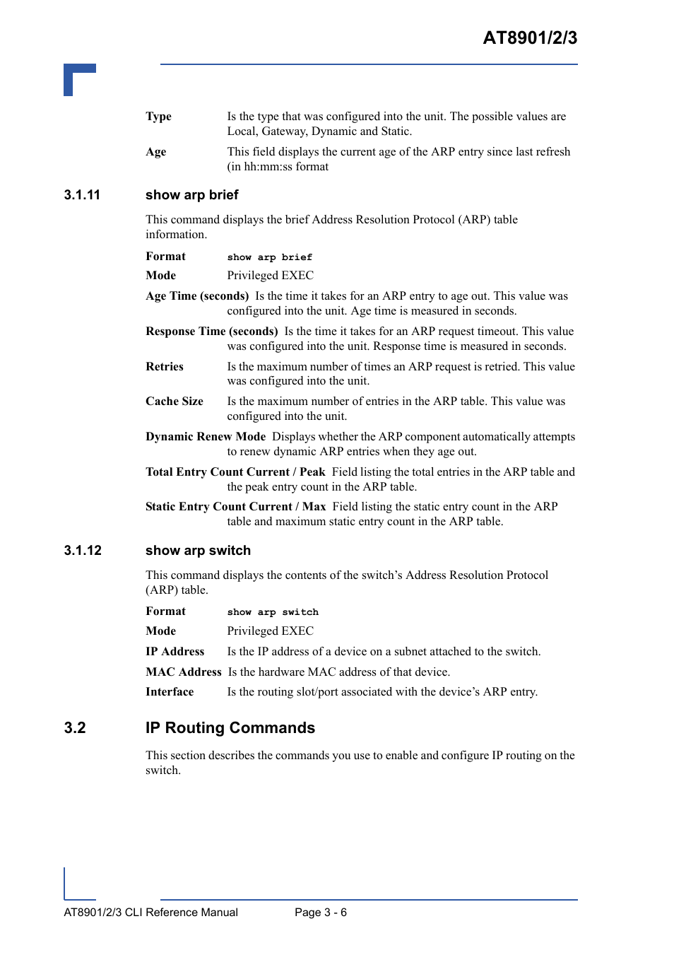 11 show arp brief, 12 show arp switch, 2 ip routing commands | 11 show arp brief - 6, 12 show arp switch - 6, 2 ip routing commands - 6 | Kontron AT8902 Full Size CLI User Manual | Page 118 / 304